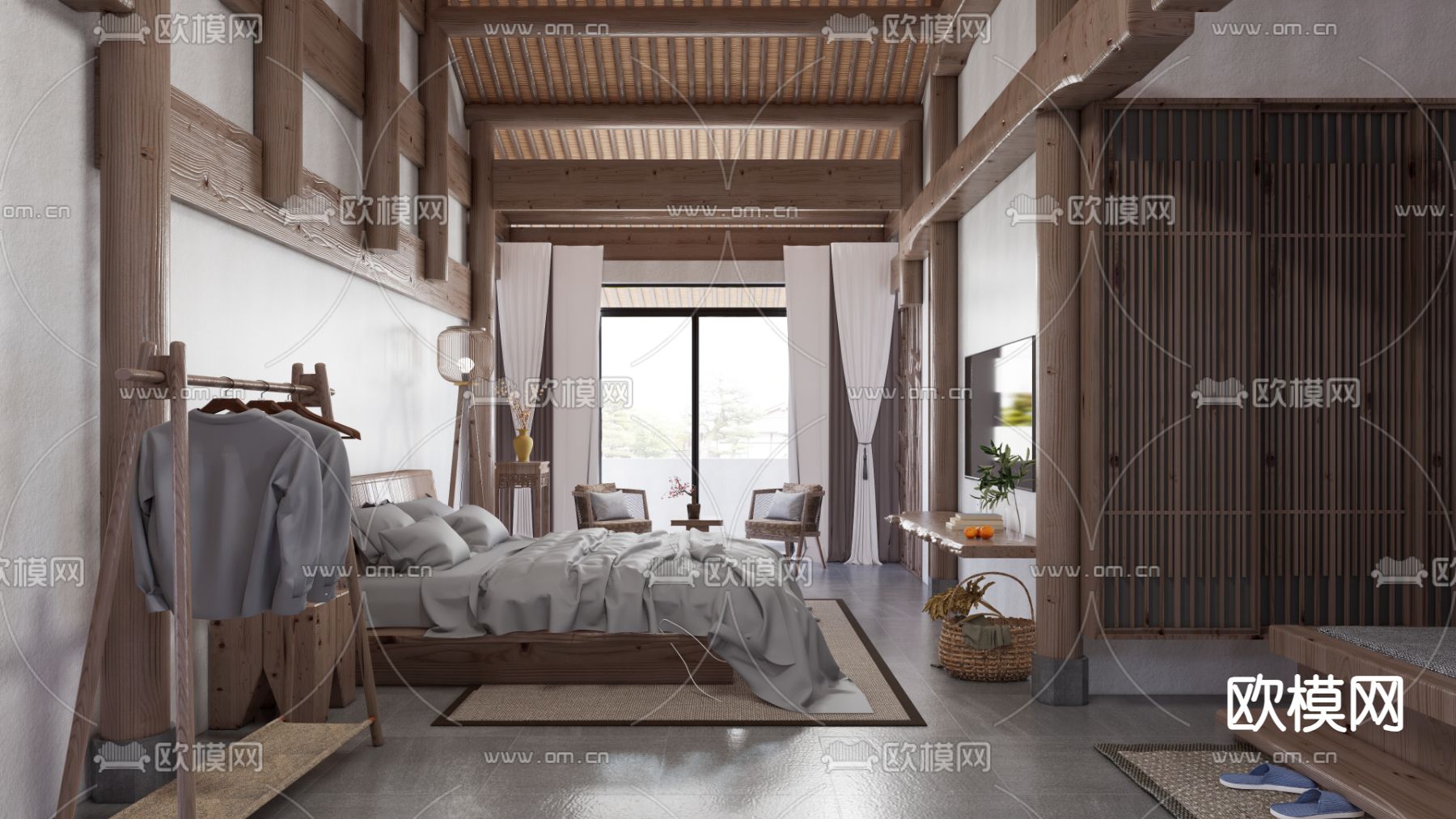 新中式民宿 客房su模型