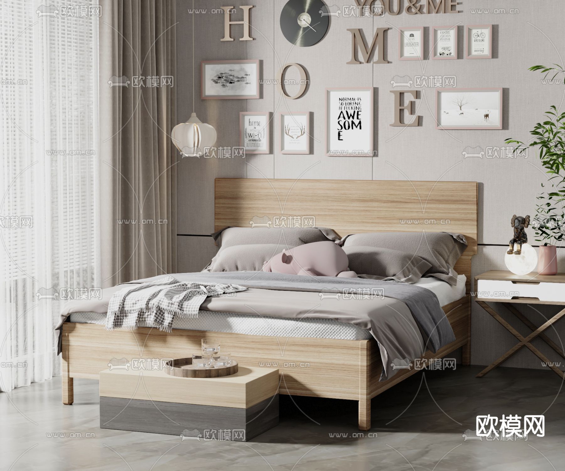 北欧双人床su模型下载（渲染图1）