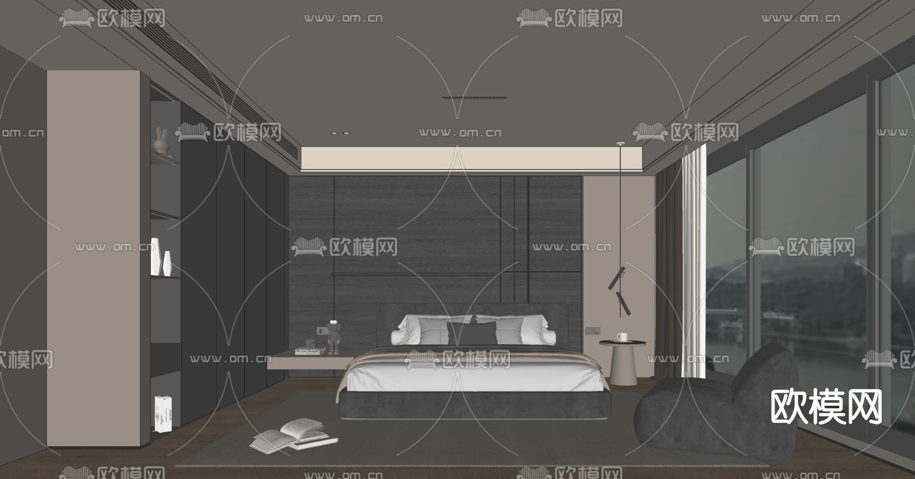 暗黑风卧室 主人房su模型下载（渲染图2）