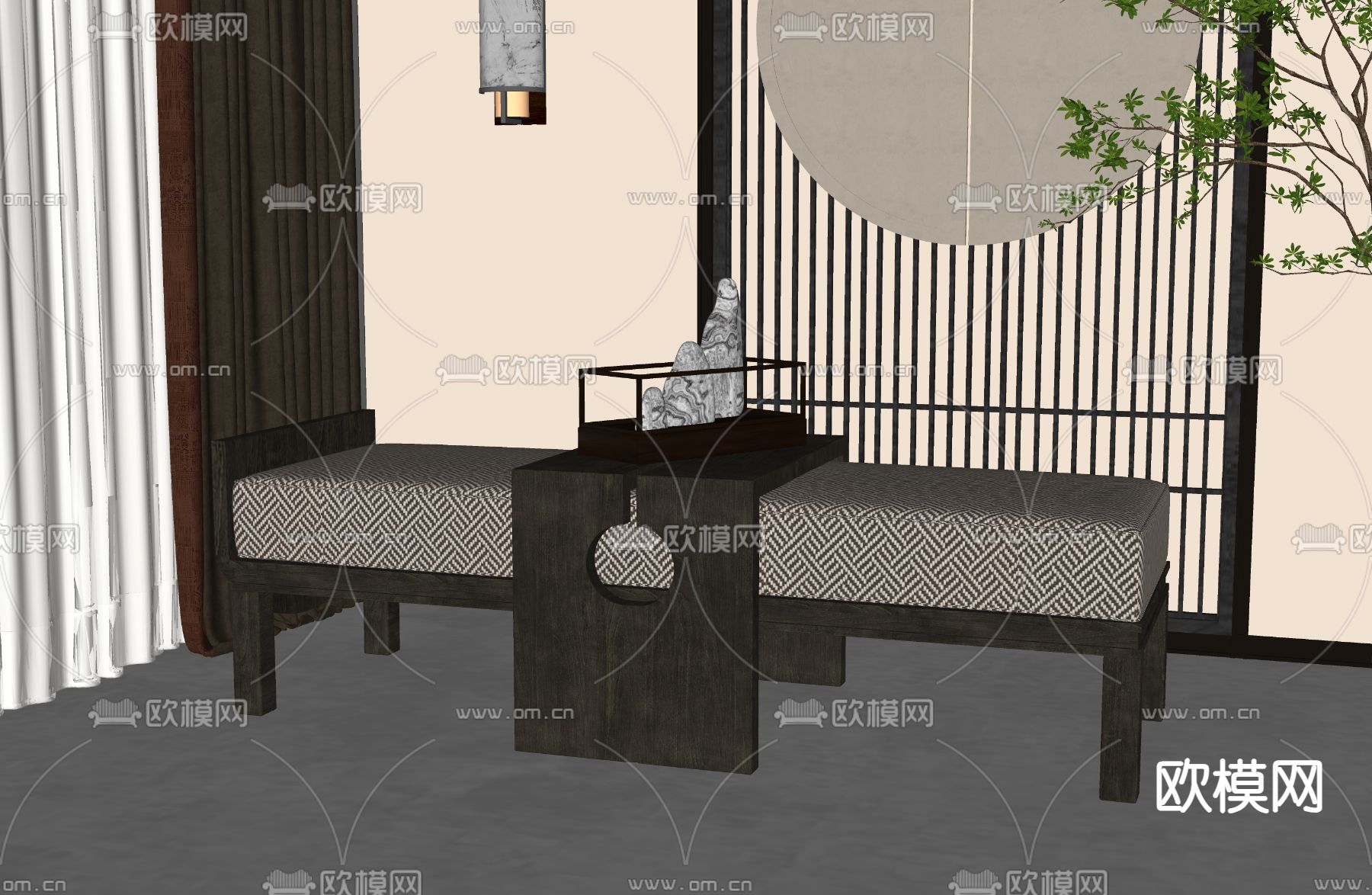 新中式沙发凳su模型下载（渲染图2）