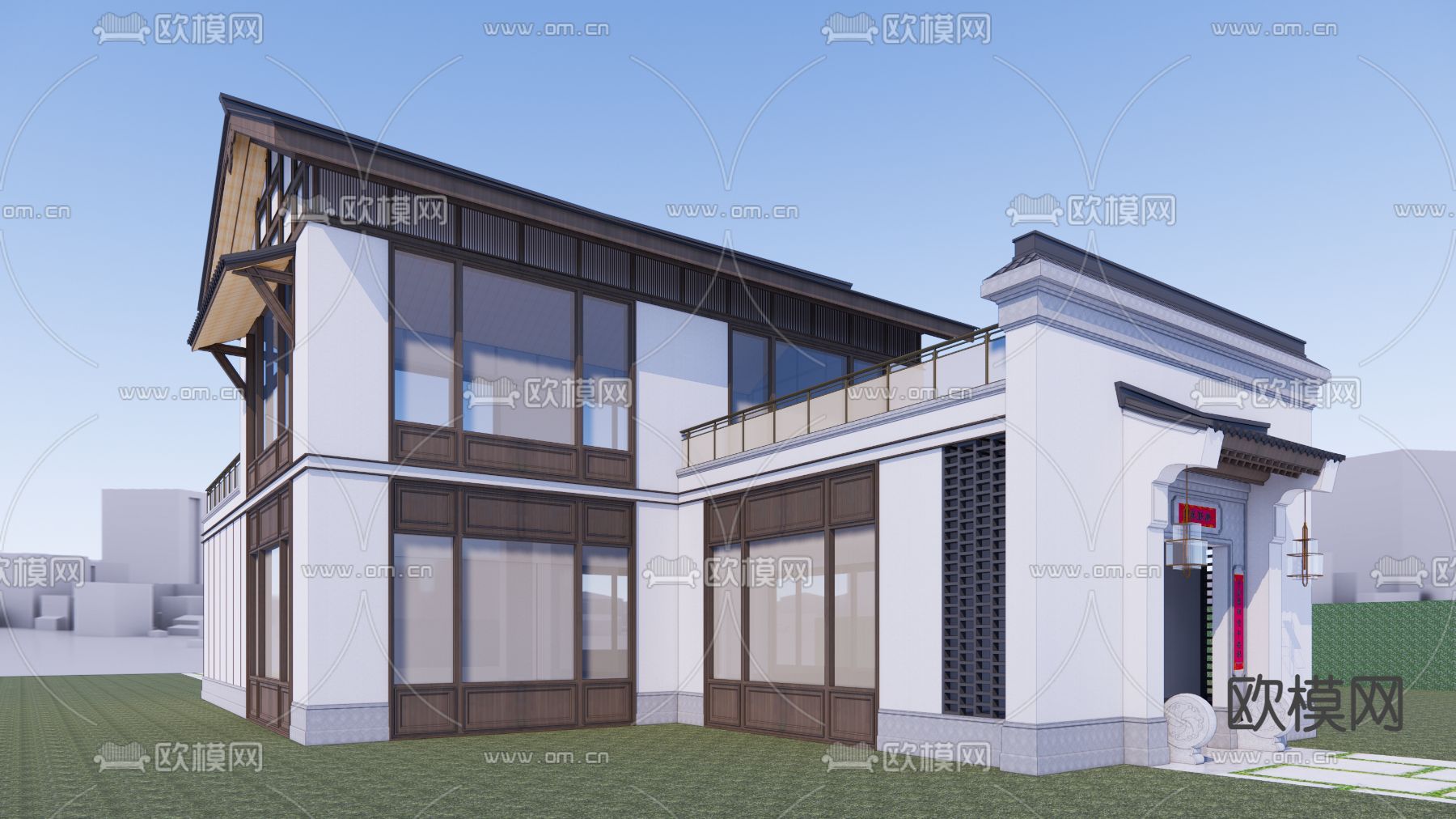 新中式独栋别墅su模型下载（渲染图2）