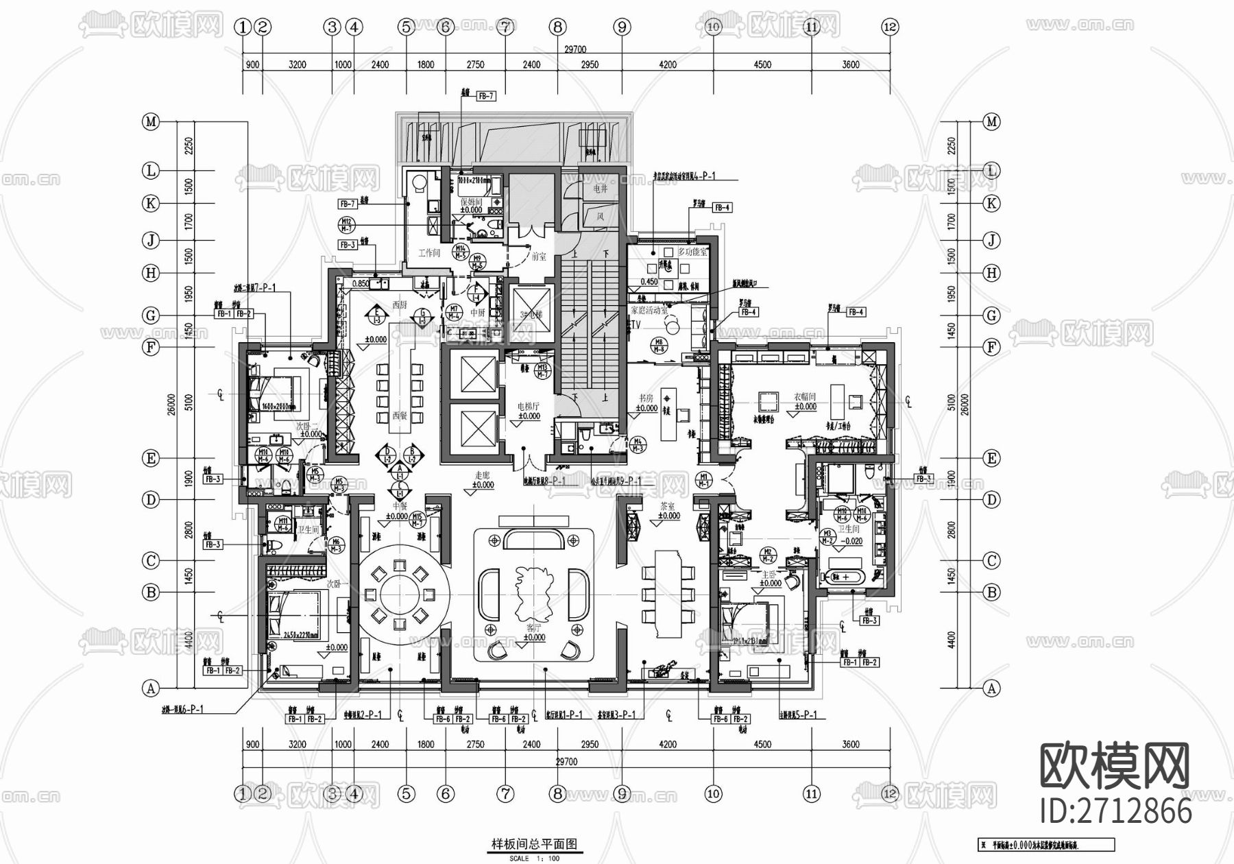 500㎡家装大平层cad施工图下载（渲染图2）