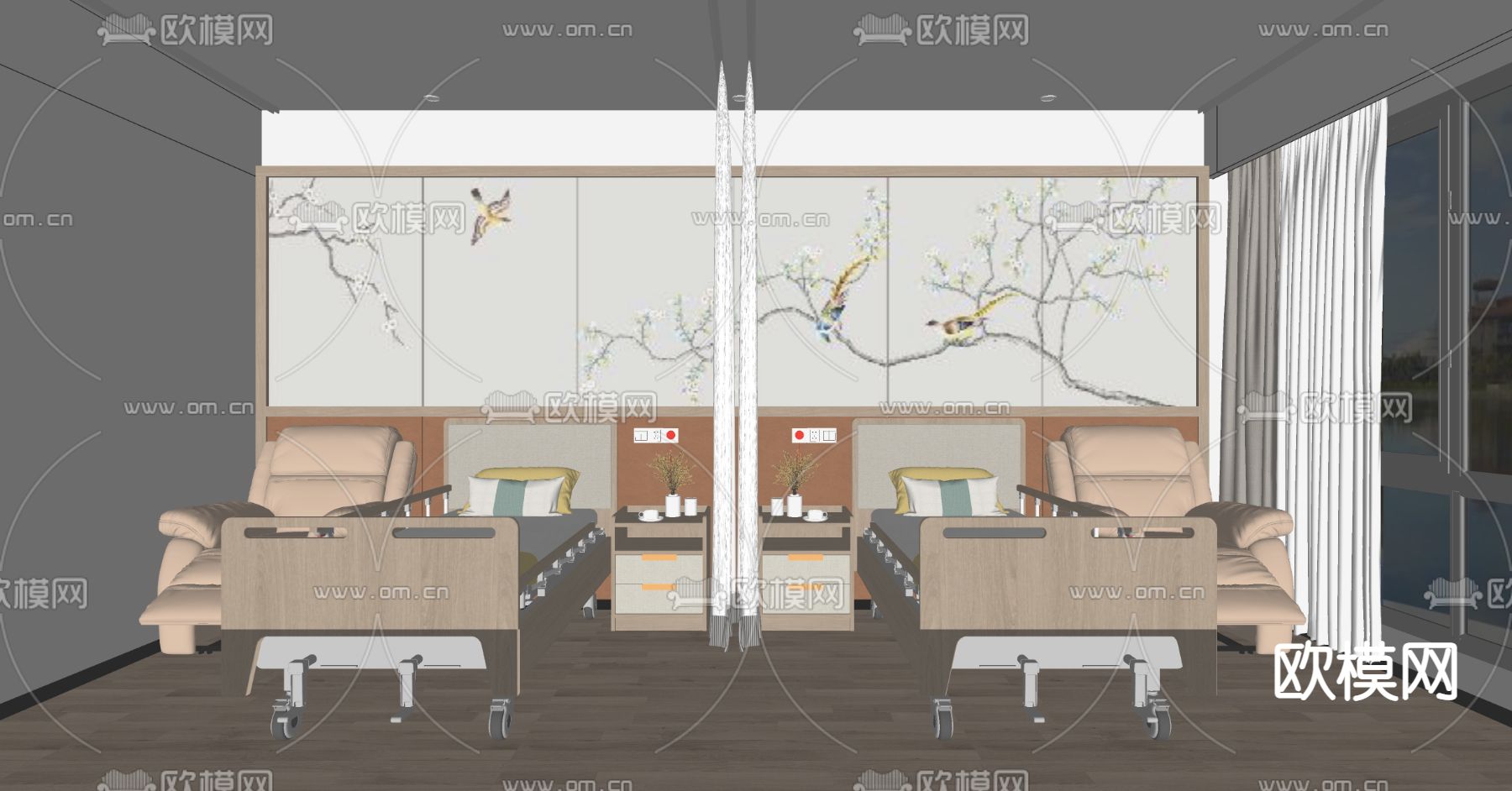 新中式养老院病房su模型下载（渲染图2）