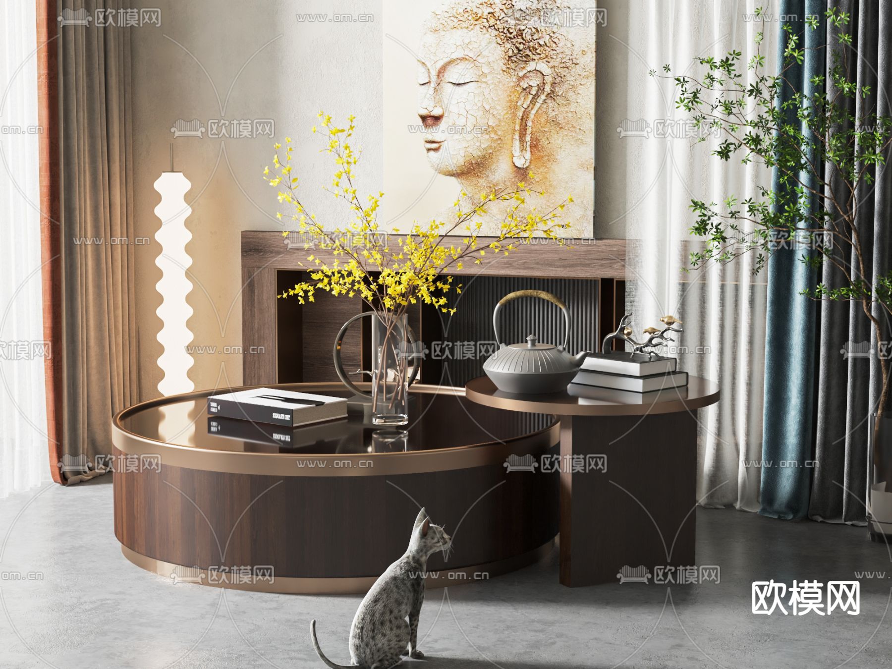 新中式茶几su模型下载（渲染图1）
