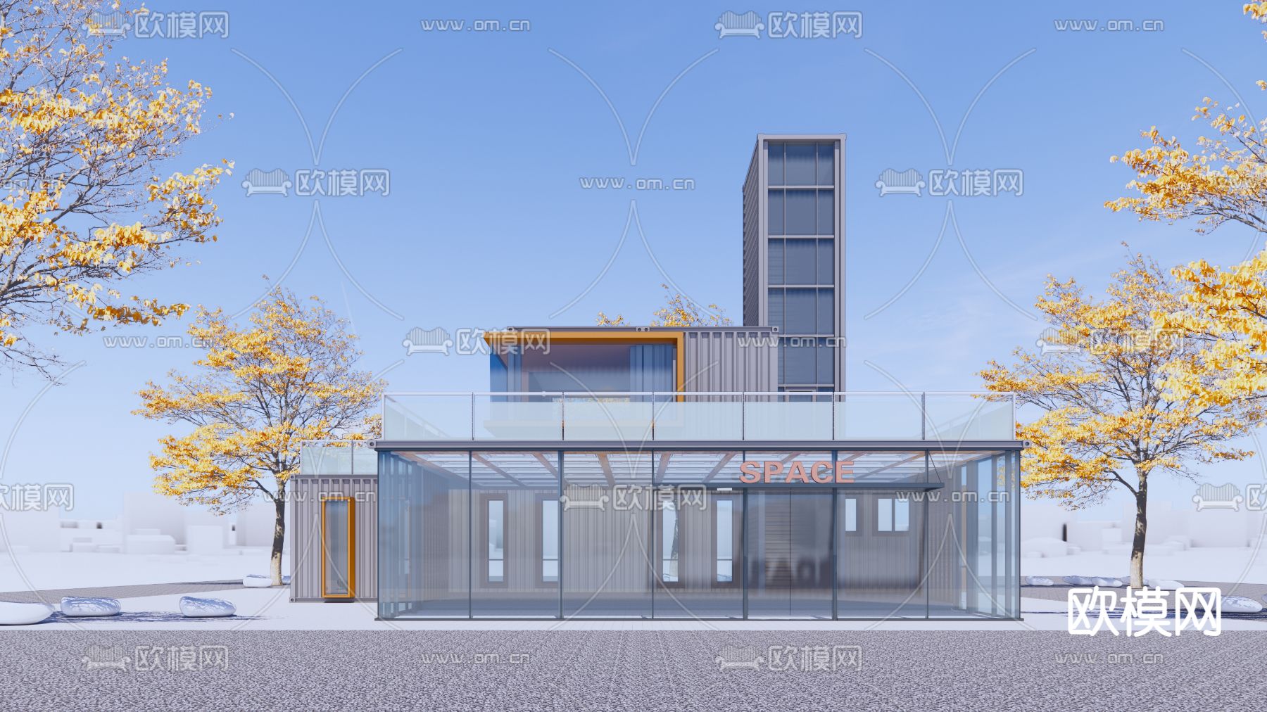 现代商业办公楼外观su模型下载（渲染图1）