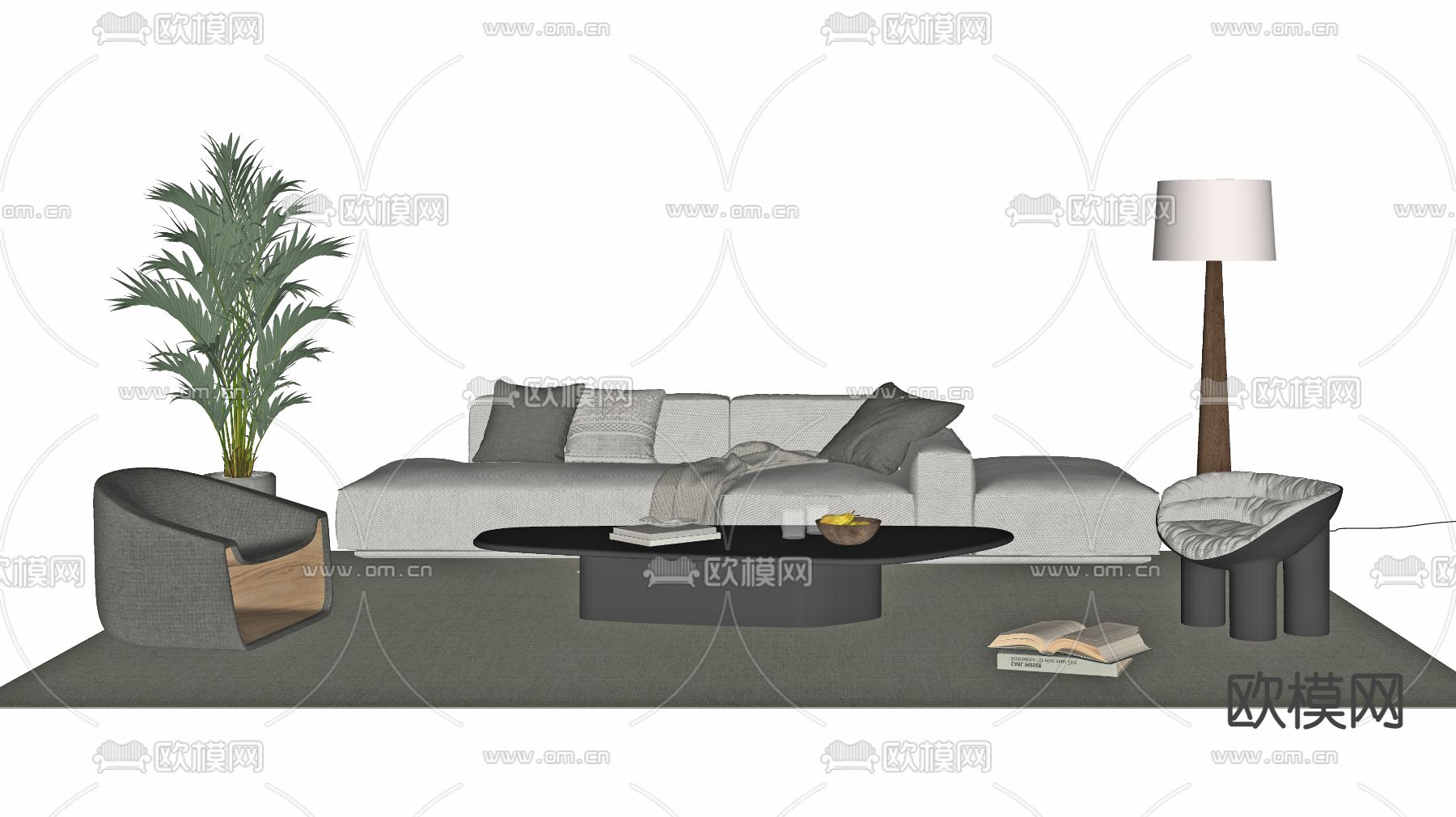 现代布艺沙发组合su模型下载（渲染图2）