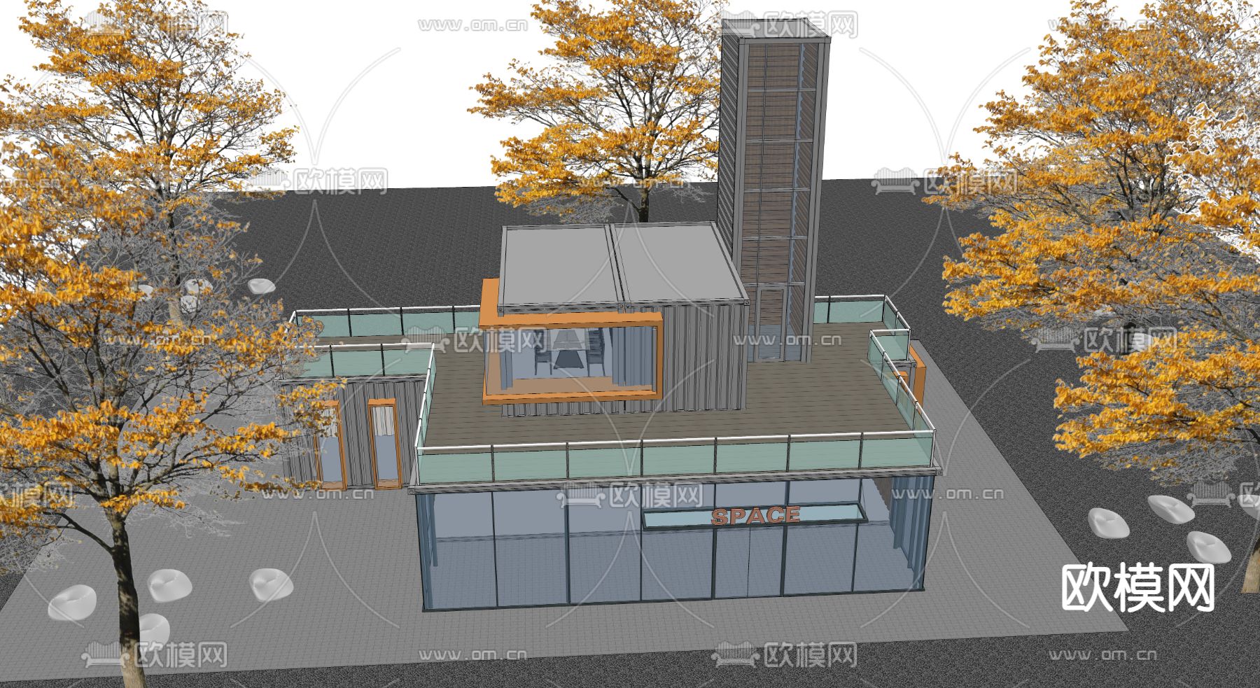 现代商业办公楼外观su模型下载（渲染图2）