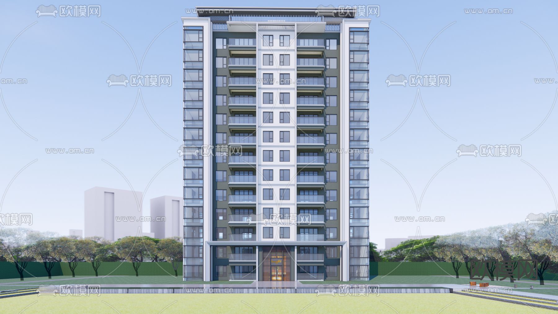 现代高层住宅建筑su模型下载（渲染图1）