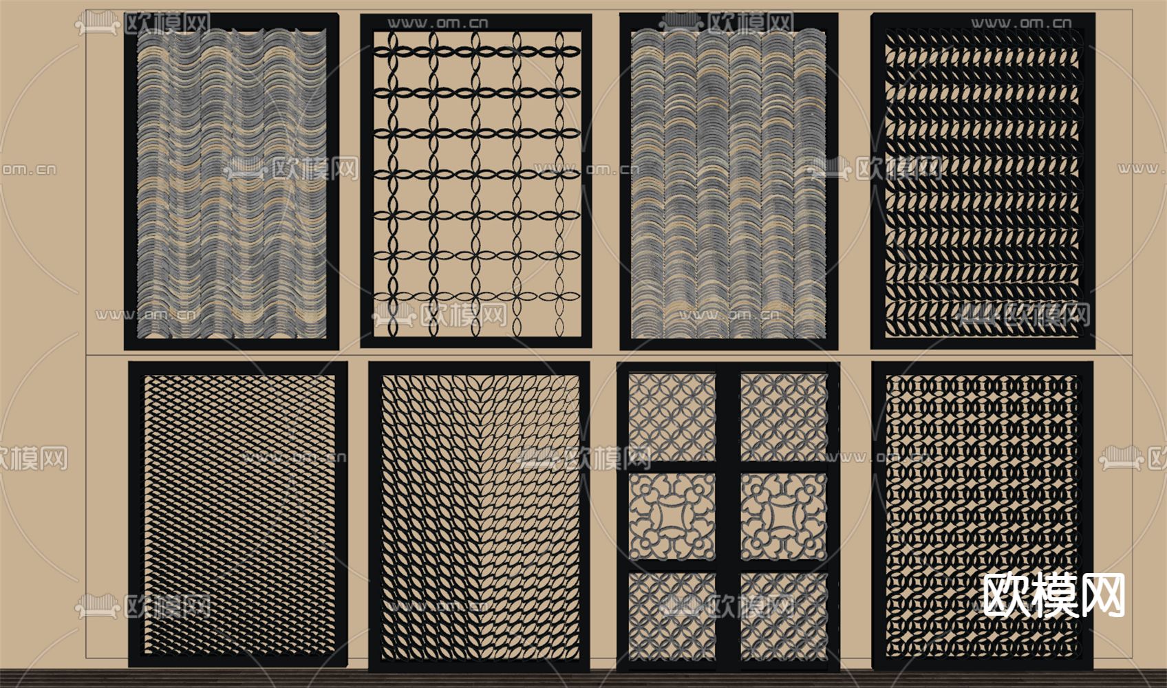 中式瓦片背景墙su模型下载（渲染图2）