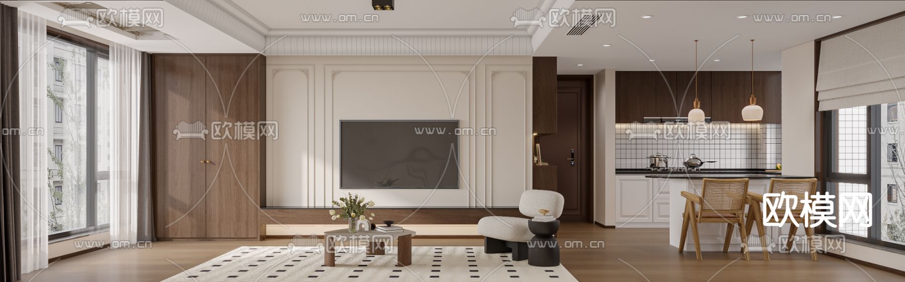 美式客厅 餐厅3d模型下载（渲染图2）