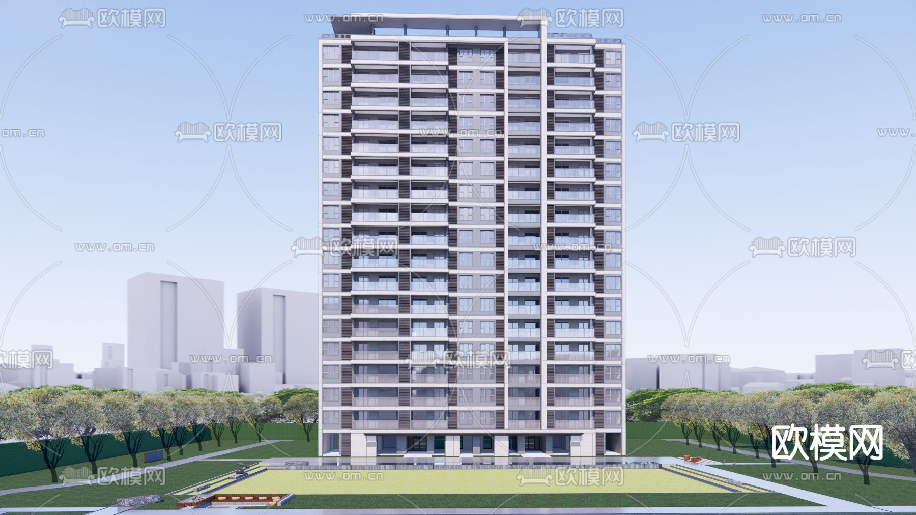 现代高层住宅su模型下载（渲染图1）