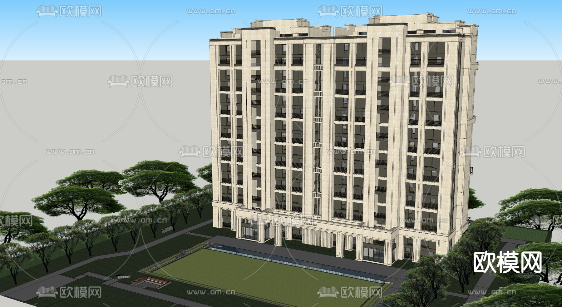 现代高层住宅建筑su模型下载（渲染图4）