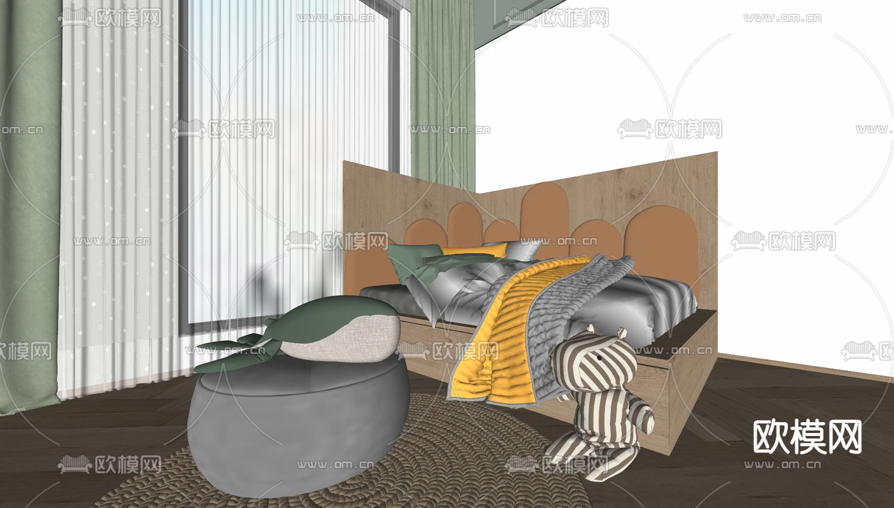 现代儿童床su模型下载（渲染图2）