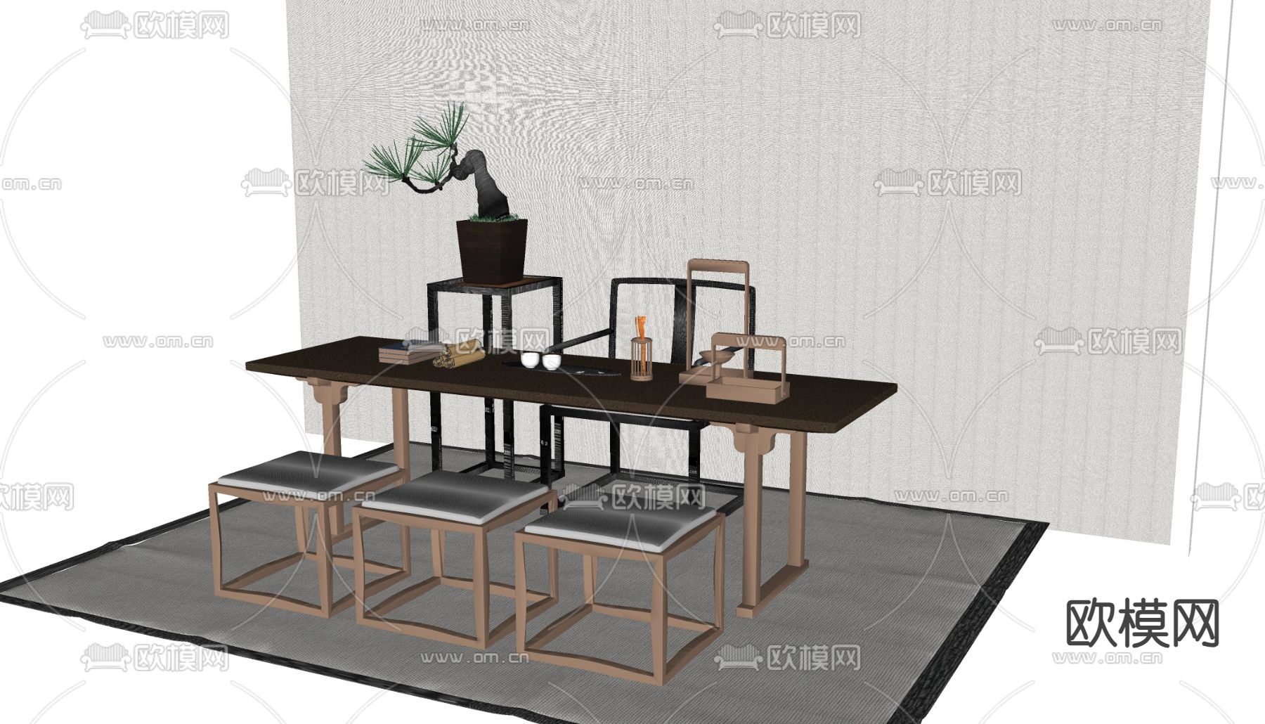 新中式茶桌 茶台su模型下载