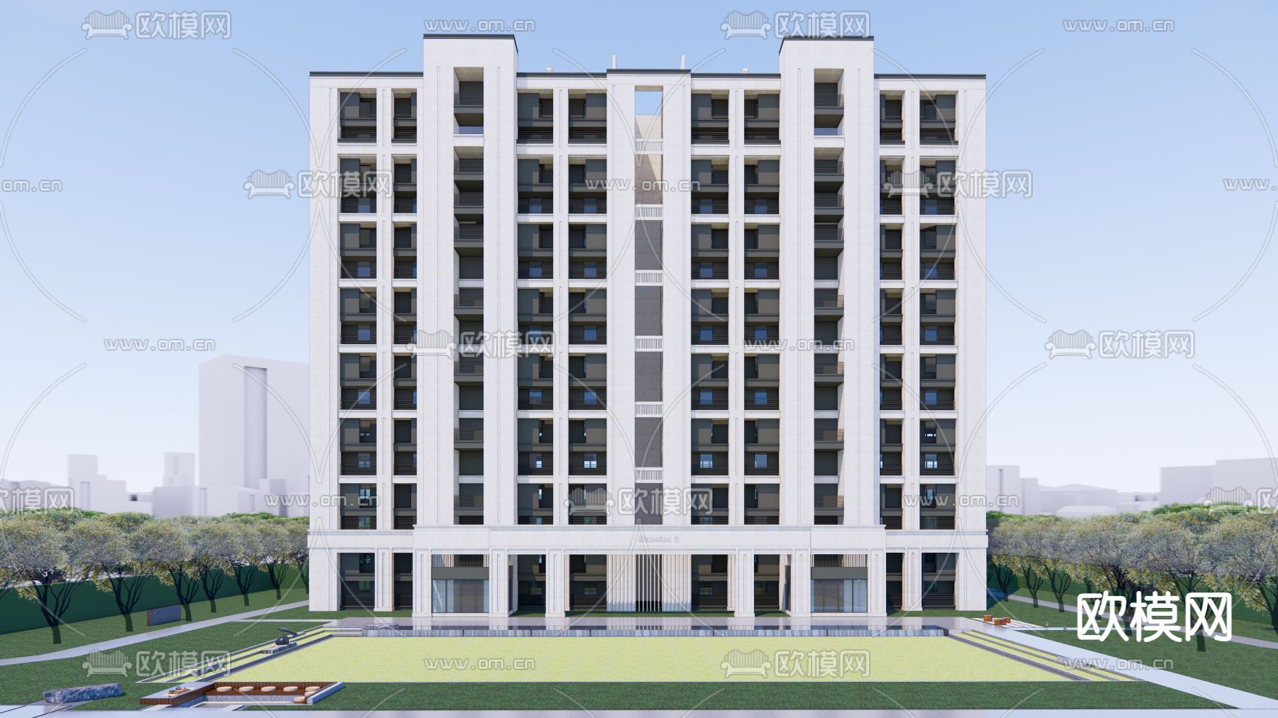 现代高层住宅建筑su模型下载（渲染图1）