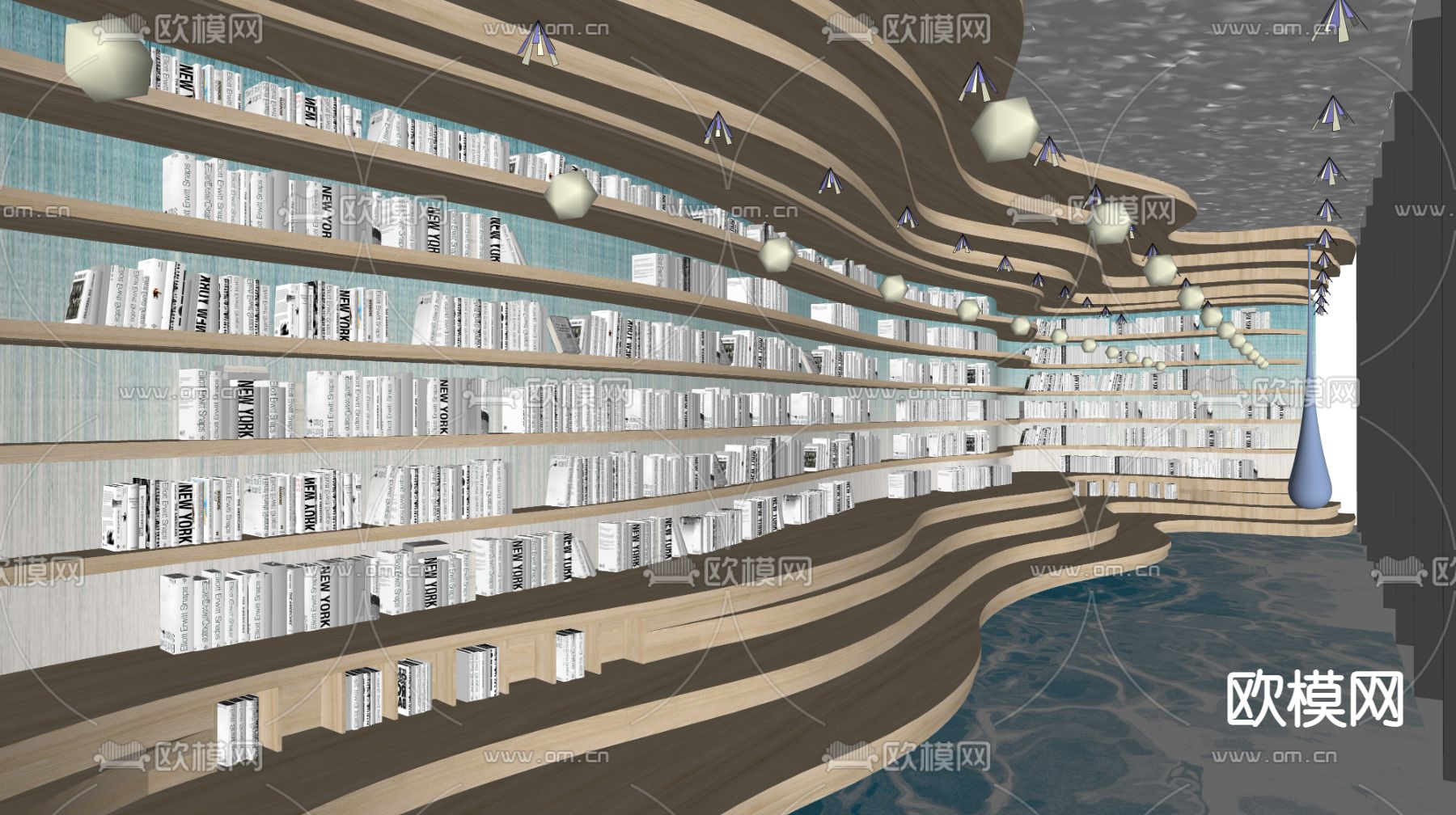 现代图书馆书架书柜su模型下载（渲染图2）