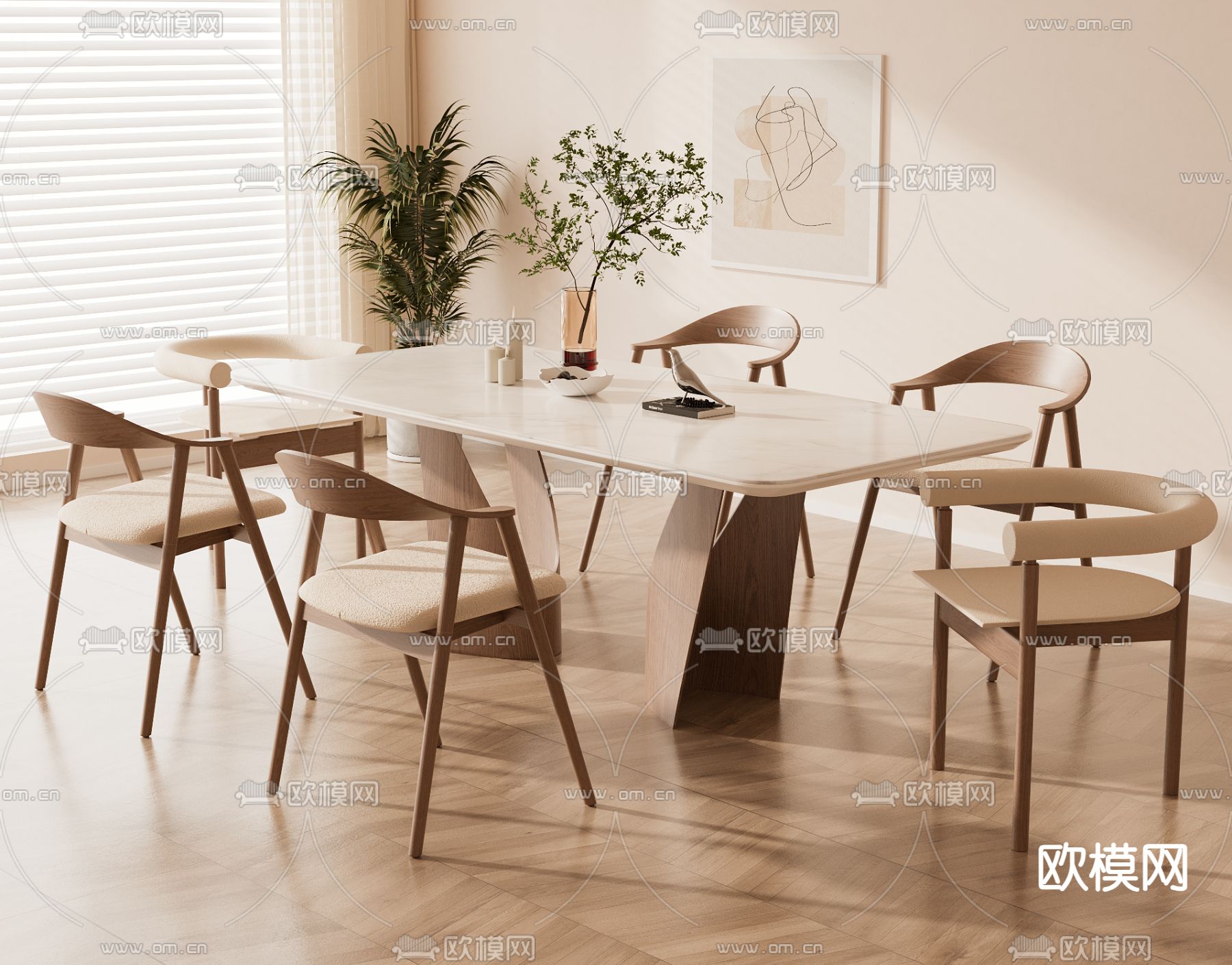 奶油风餐桌椅3d模型下载（渲染图2）