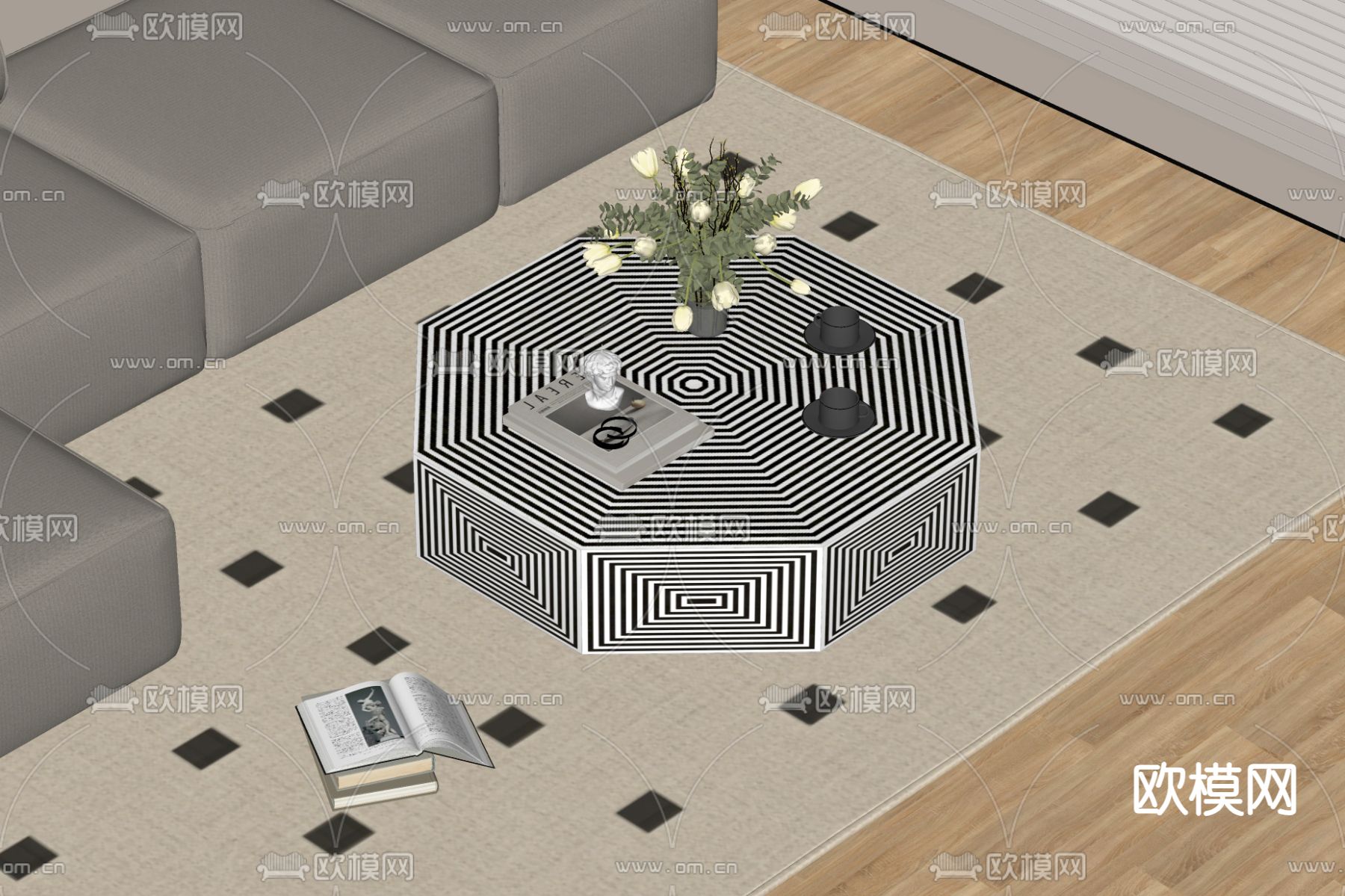 中古风茶几su模型下载（渲染图2）