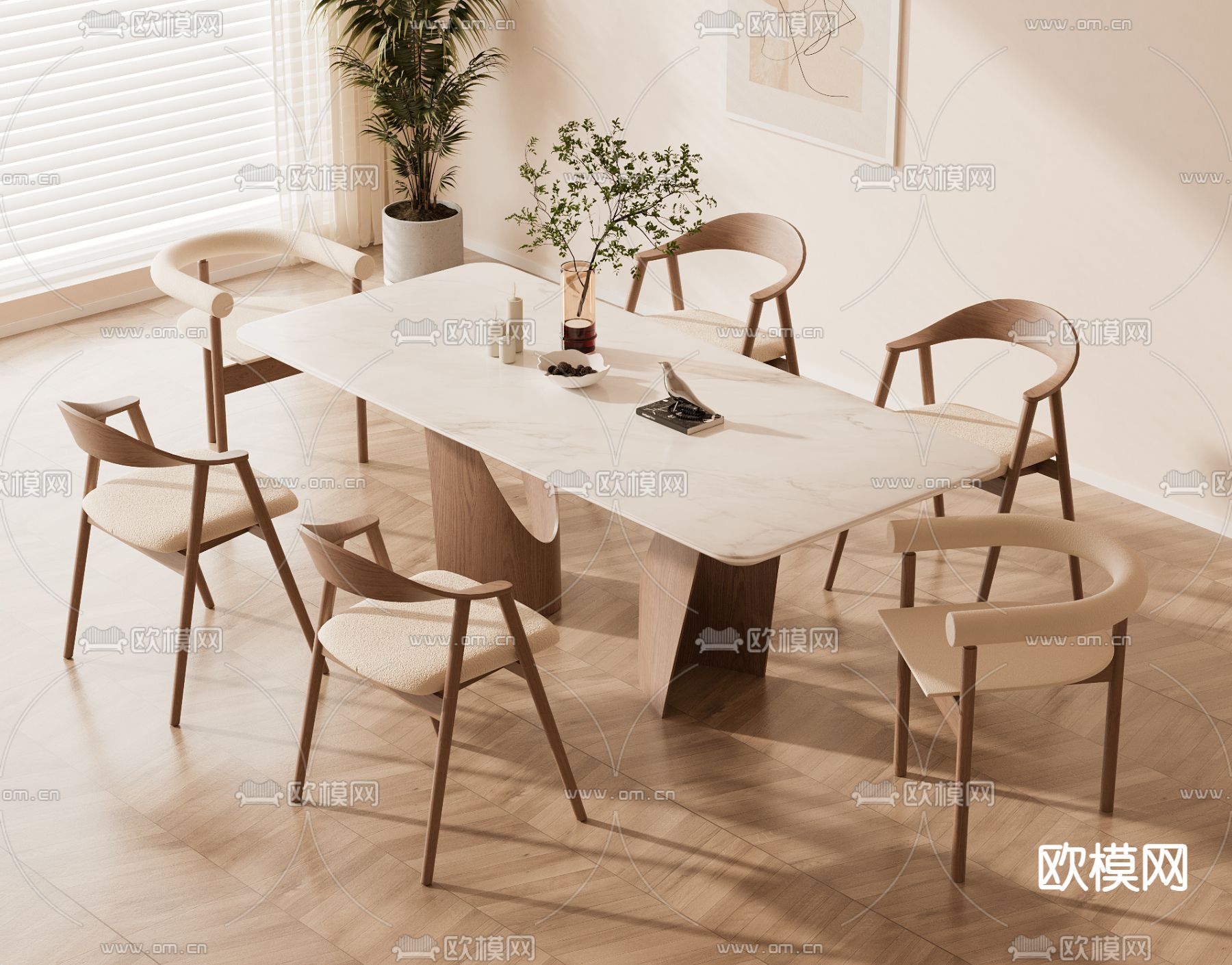 奶油风餐桌椅3d模型下载（渲染图1）