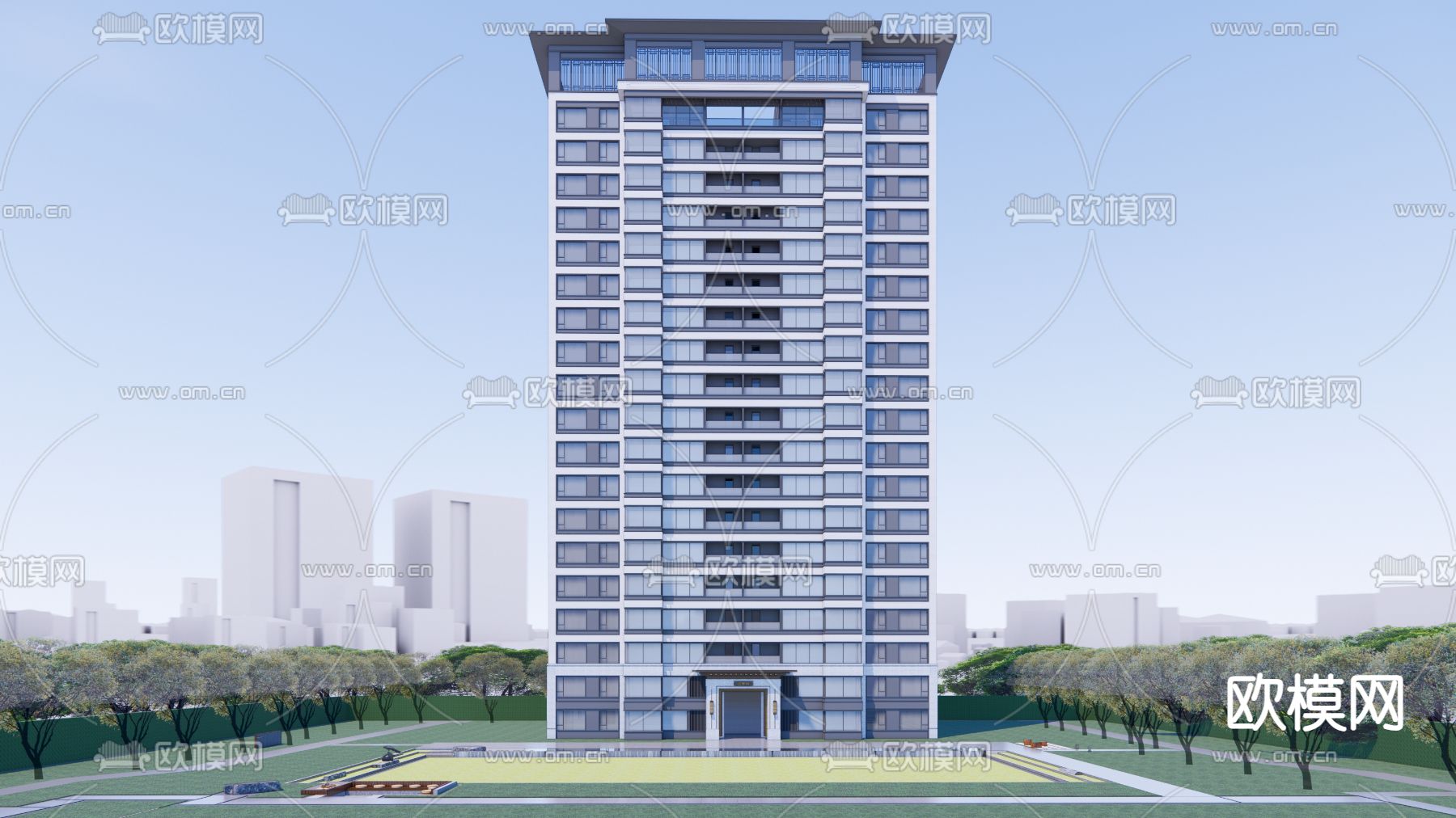 现代高层住宅建筑su模型下载（渲染图1）