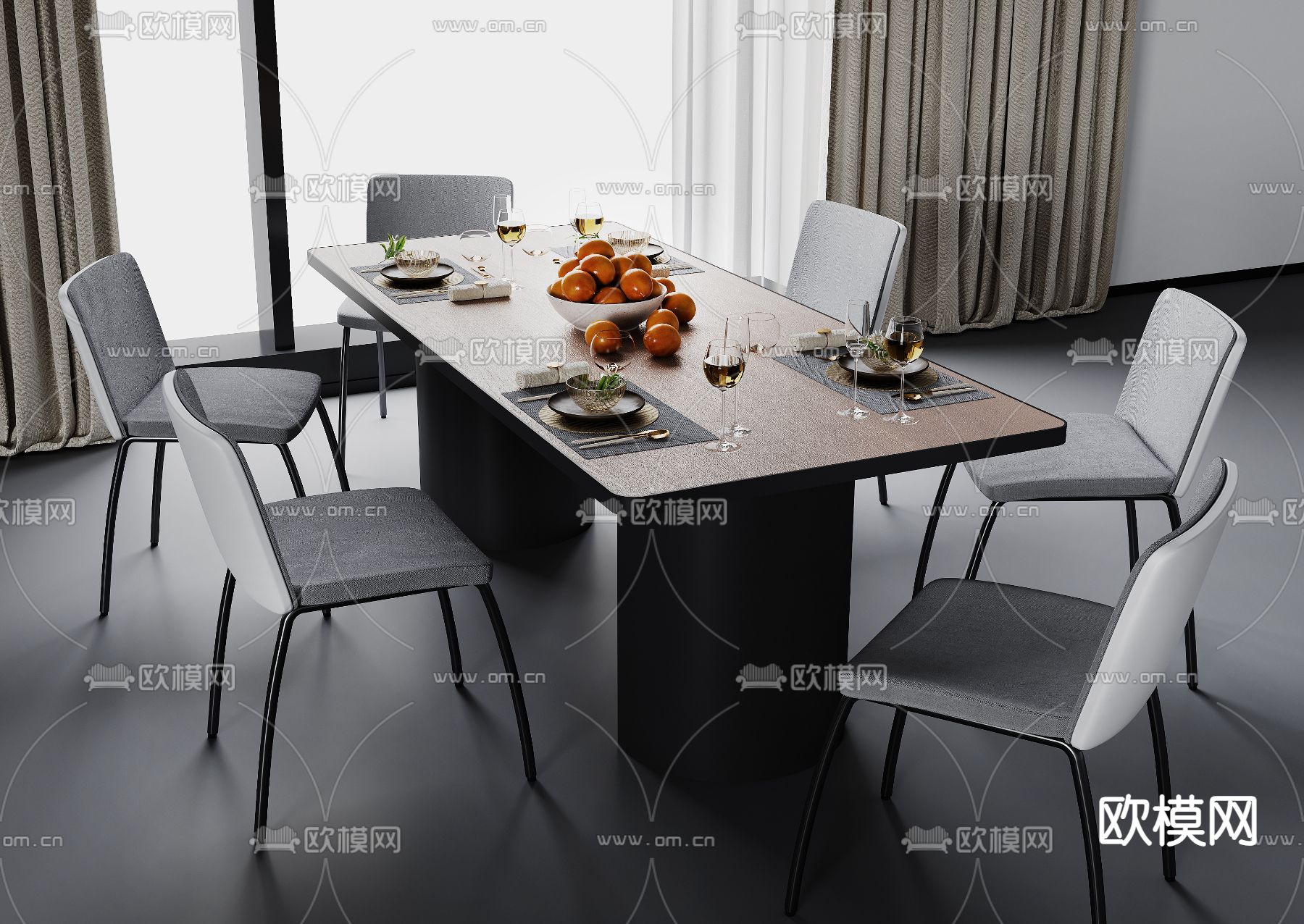 高级灰餐桌椅3d模型下载