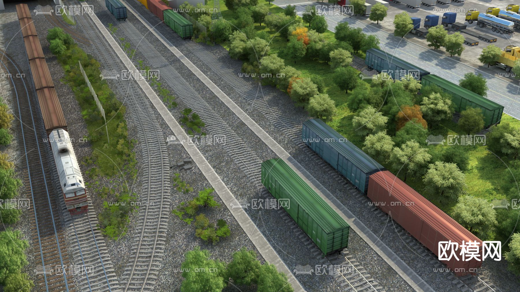 货运火车站 铁轨 货运车3d模型下载