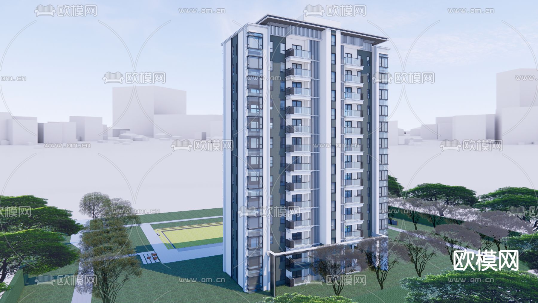 现代高层住宅建筑su模型下载（渲染图3）