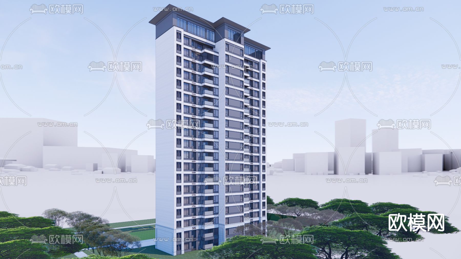 现代高层住宅建筑su模型下载（渲染图3）