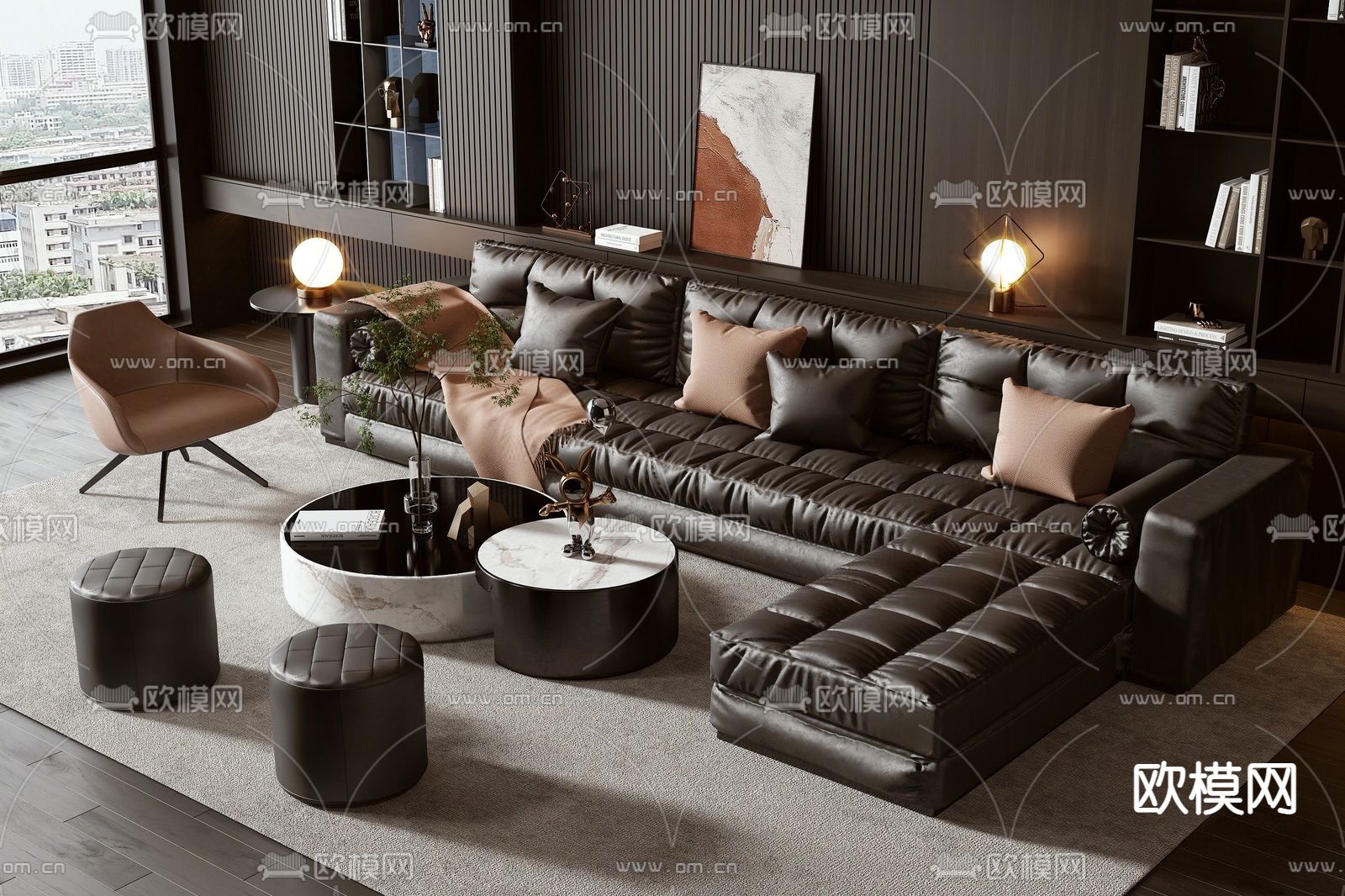 现代皮革沙发组合su模型下载（渲染图1）