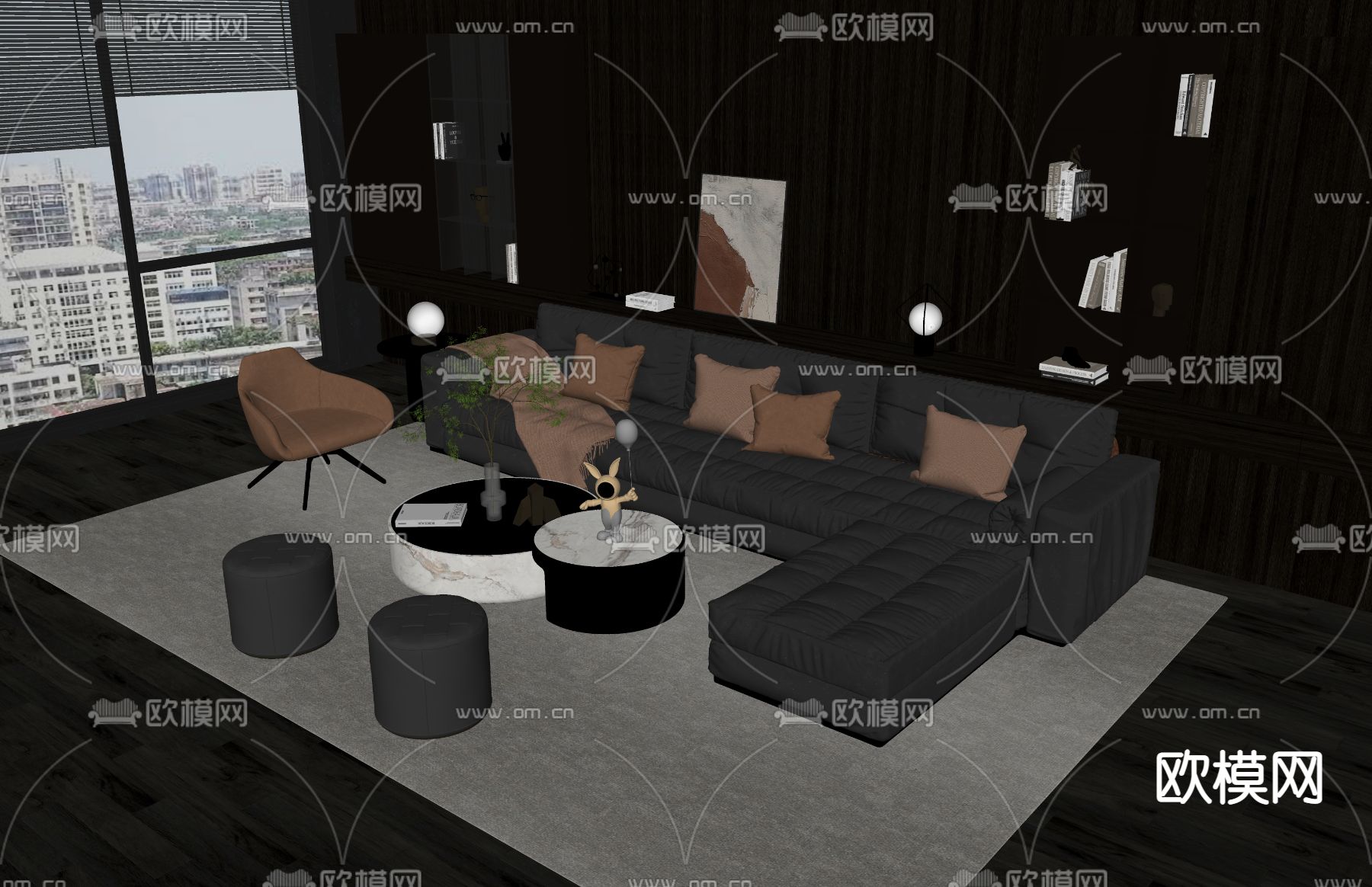 现代皮革沙发组合su模型下载（渲染图2）