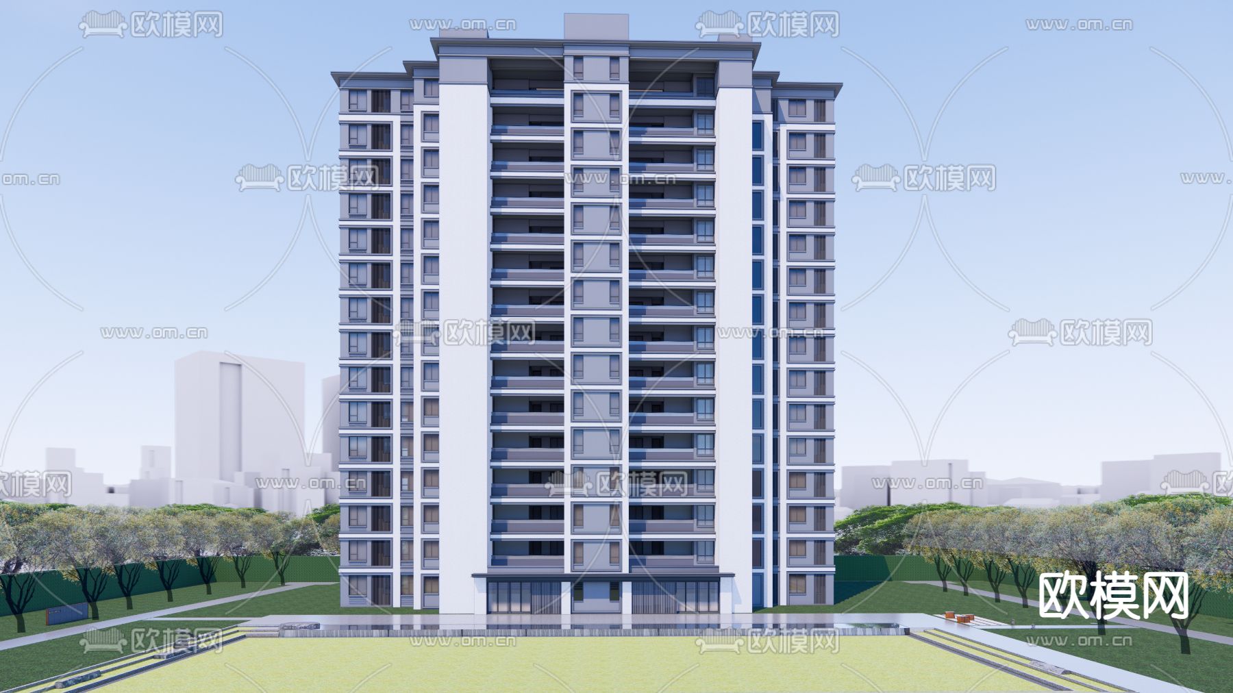 现代高层住宅su模型下载（渲染图1）