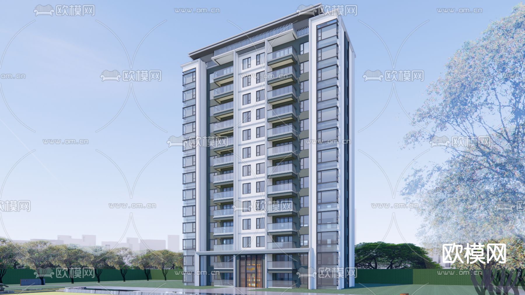 现代高层住宅建筑su模型下载（渲染图4）