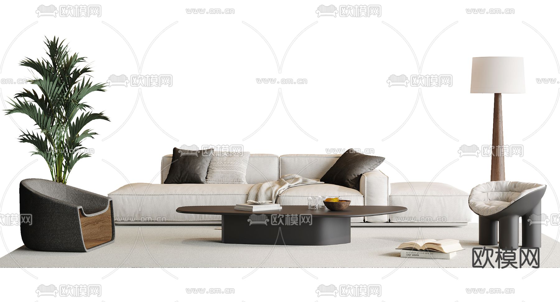 现代布艺沙发组合su模型下载（渲染图1）