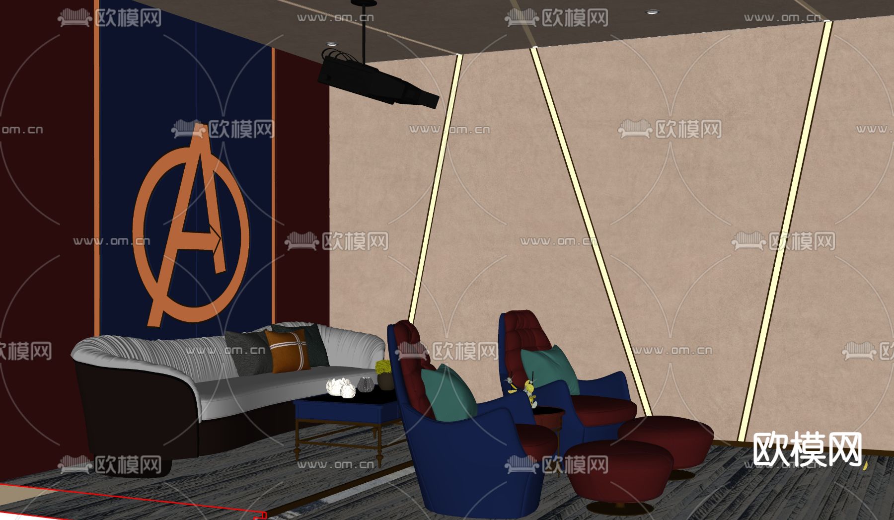 现代影音室su模型下载（渲染图2）