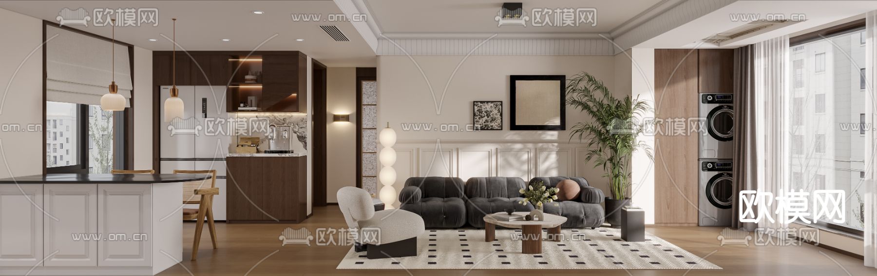 美式客厅 餐厅3d模型下载（渲染图1）