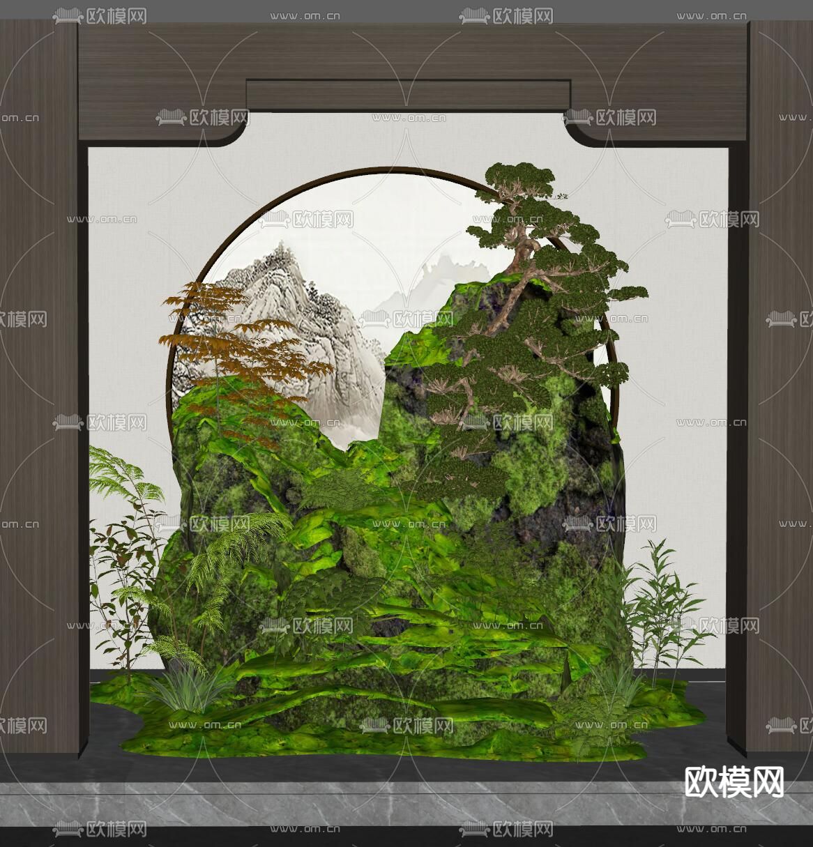 新中式室内景观造景su模型下载（渲染图2）