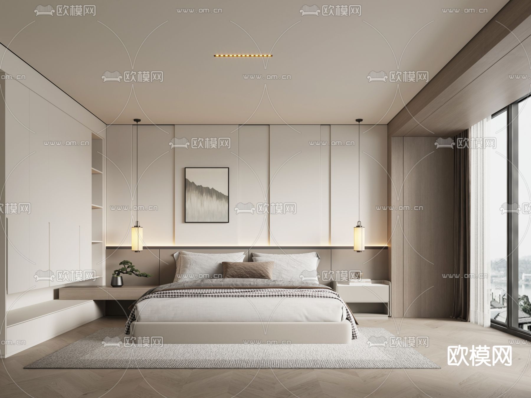 新中式卧室 主人房su模型下载（渲染图1）