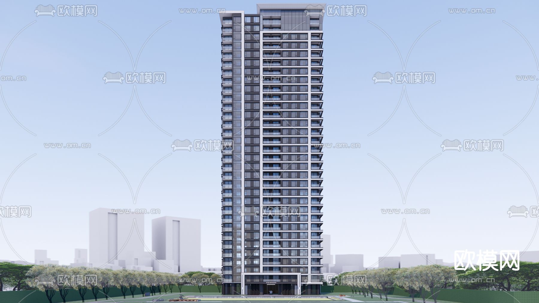 现代高层住宅建筑su模型下载（渲染图1）