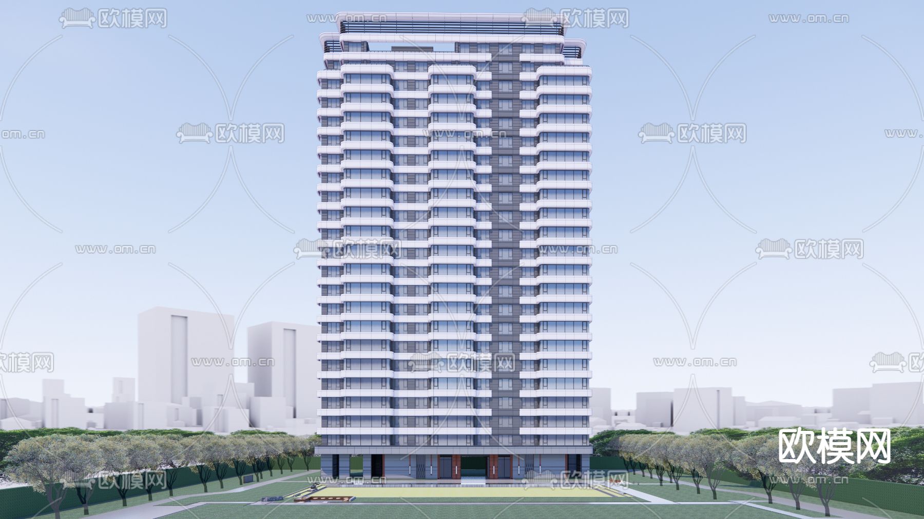 现代高层住宅建筑su模型下载（渲染图1）