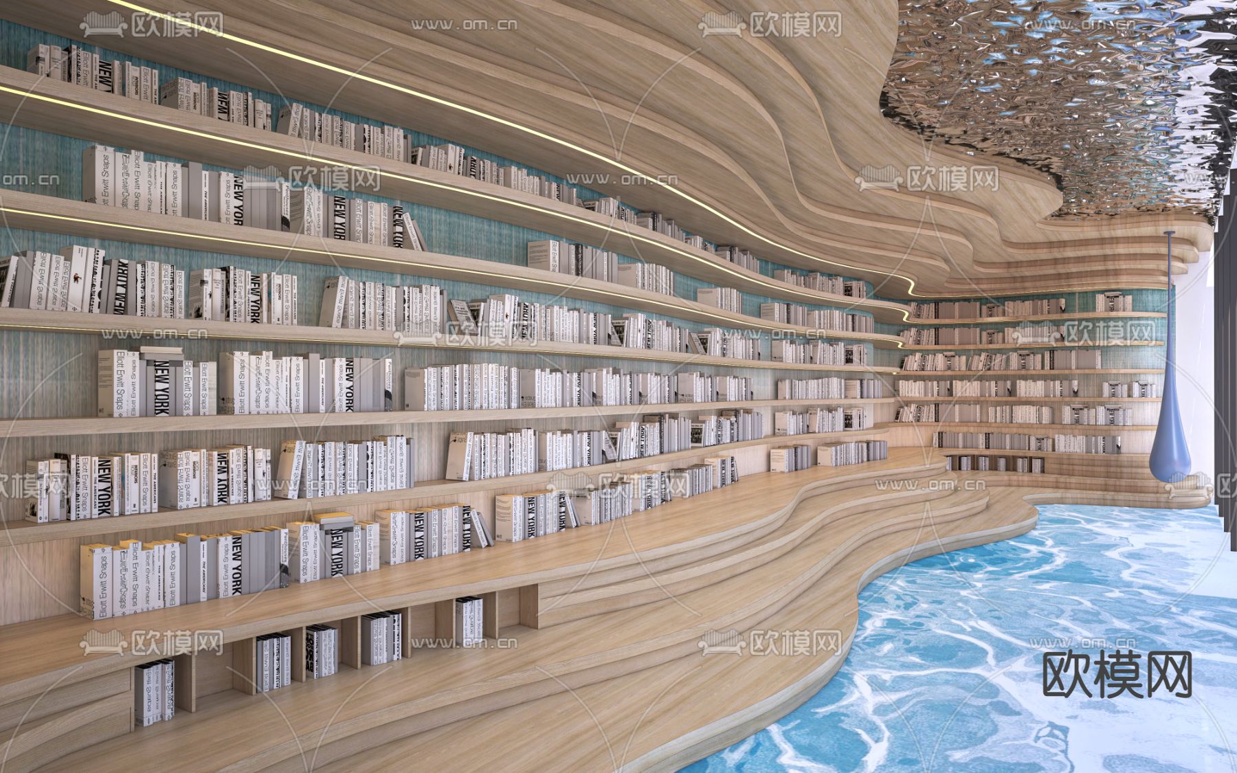 现代图书馆书架书柜su模型下载（渲染图1）