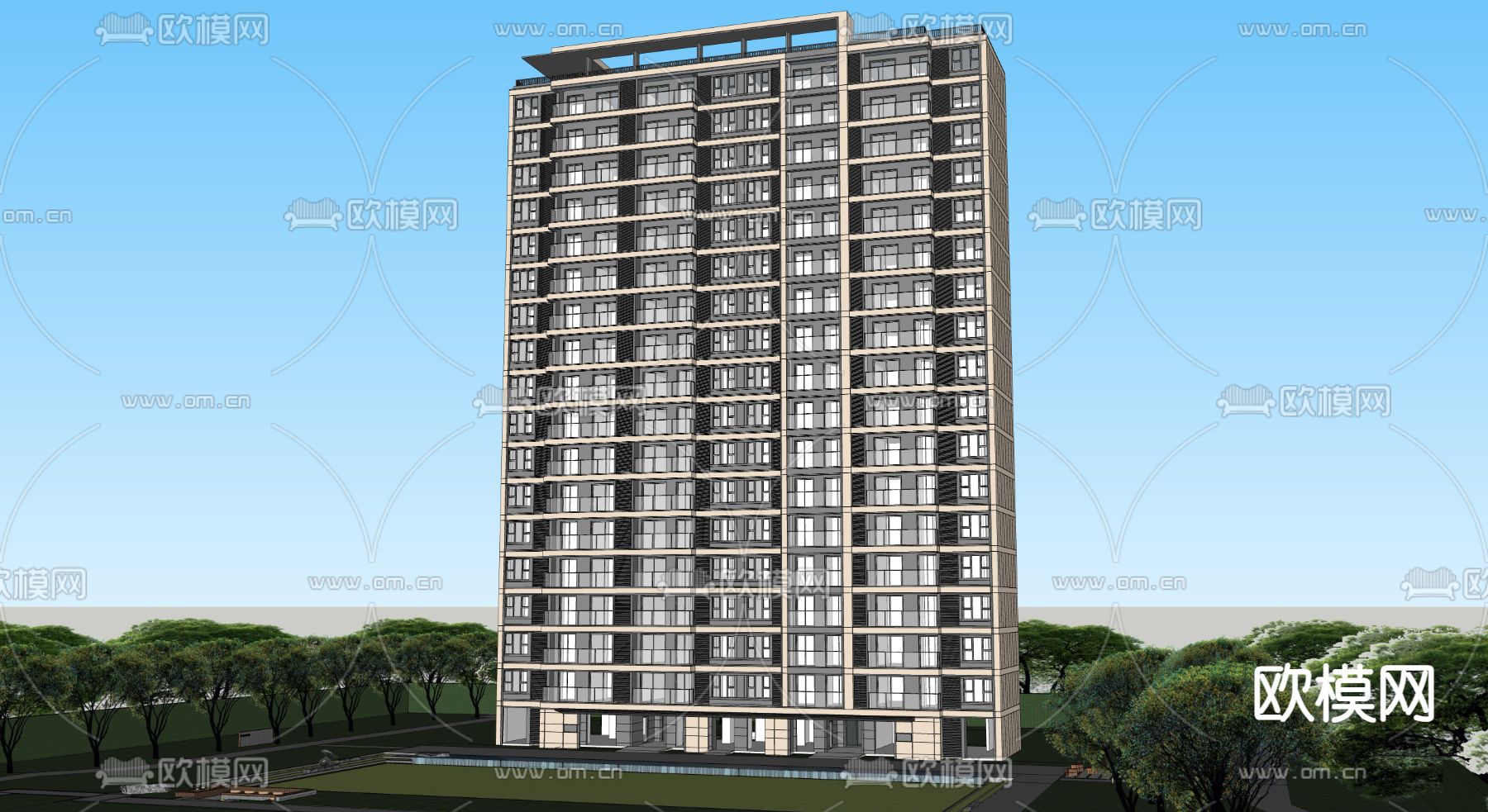 现代高层住宅su模型下载（渲染图2）