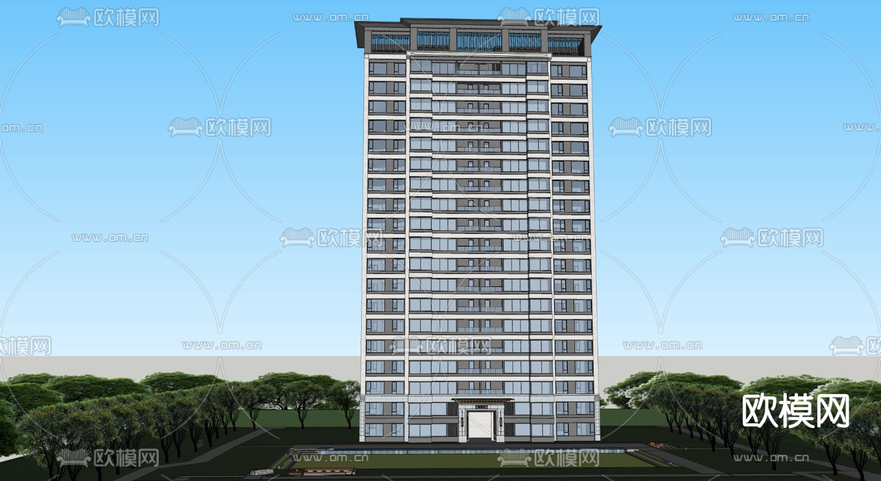 现代高层住宅建筑su模型下载（渲染图4）