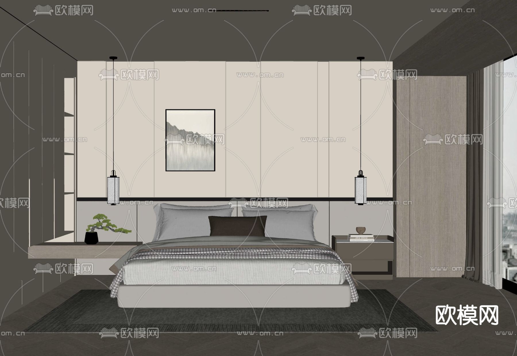 新中式卧室 主人房su模型下载（渲染图2）