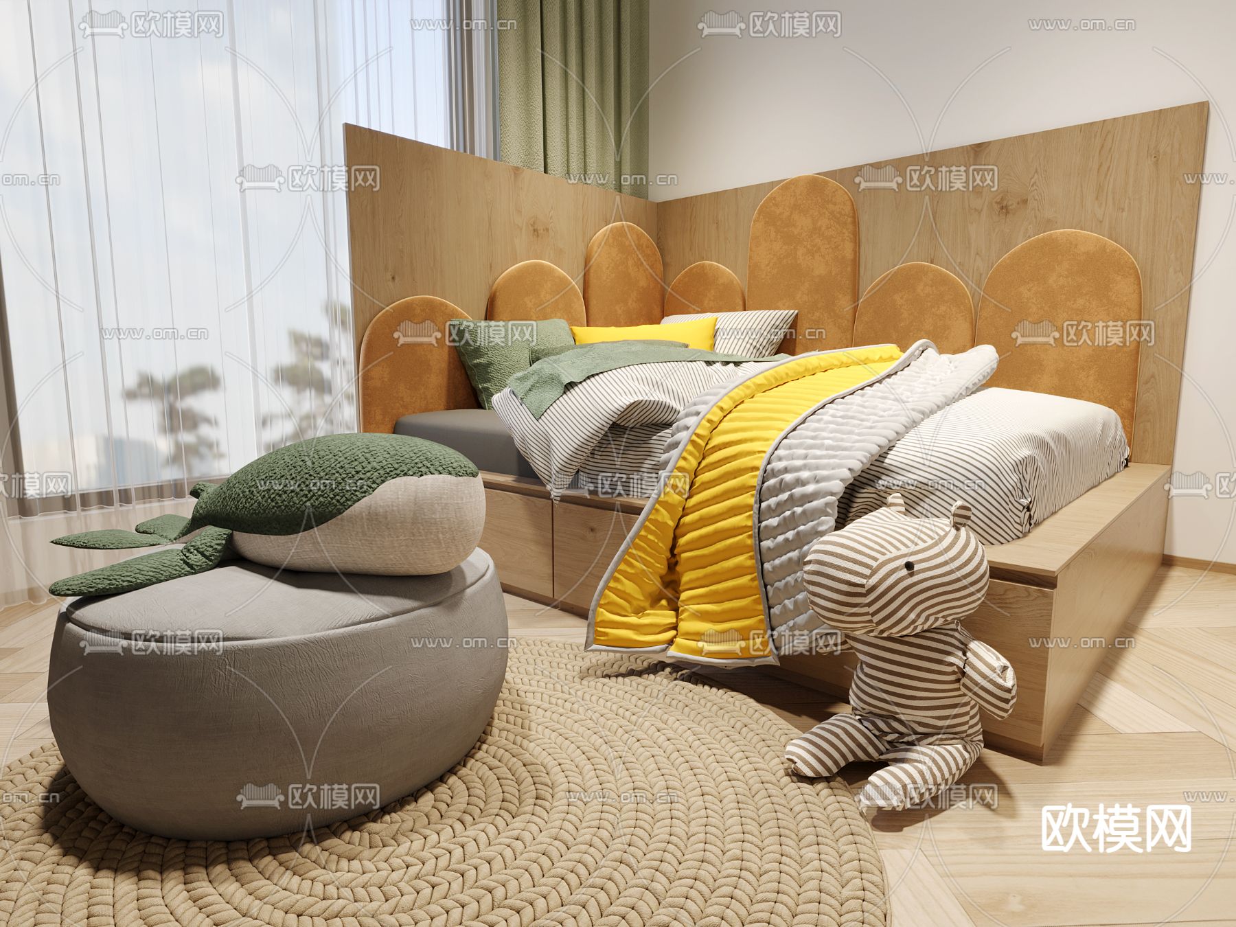 现代儿童床su模型下载（渲染图1）