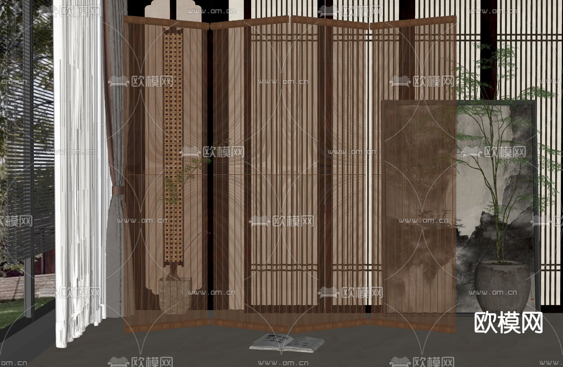 新中式屏风 隔断su模型下载（渲染图2）