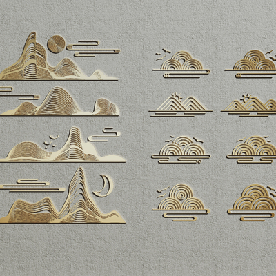  新中式山形祥云雕花构件su模型 