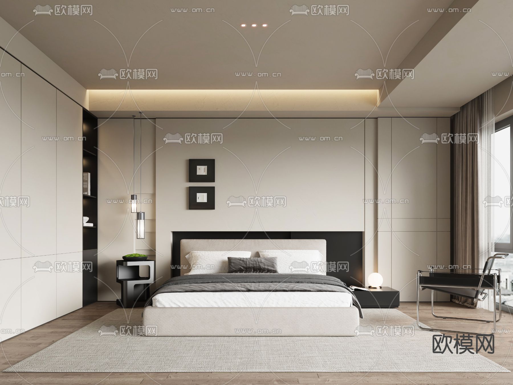 奶油风卧室 主人房3d模型下载