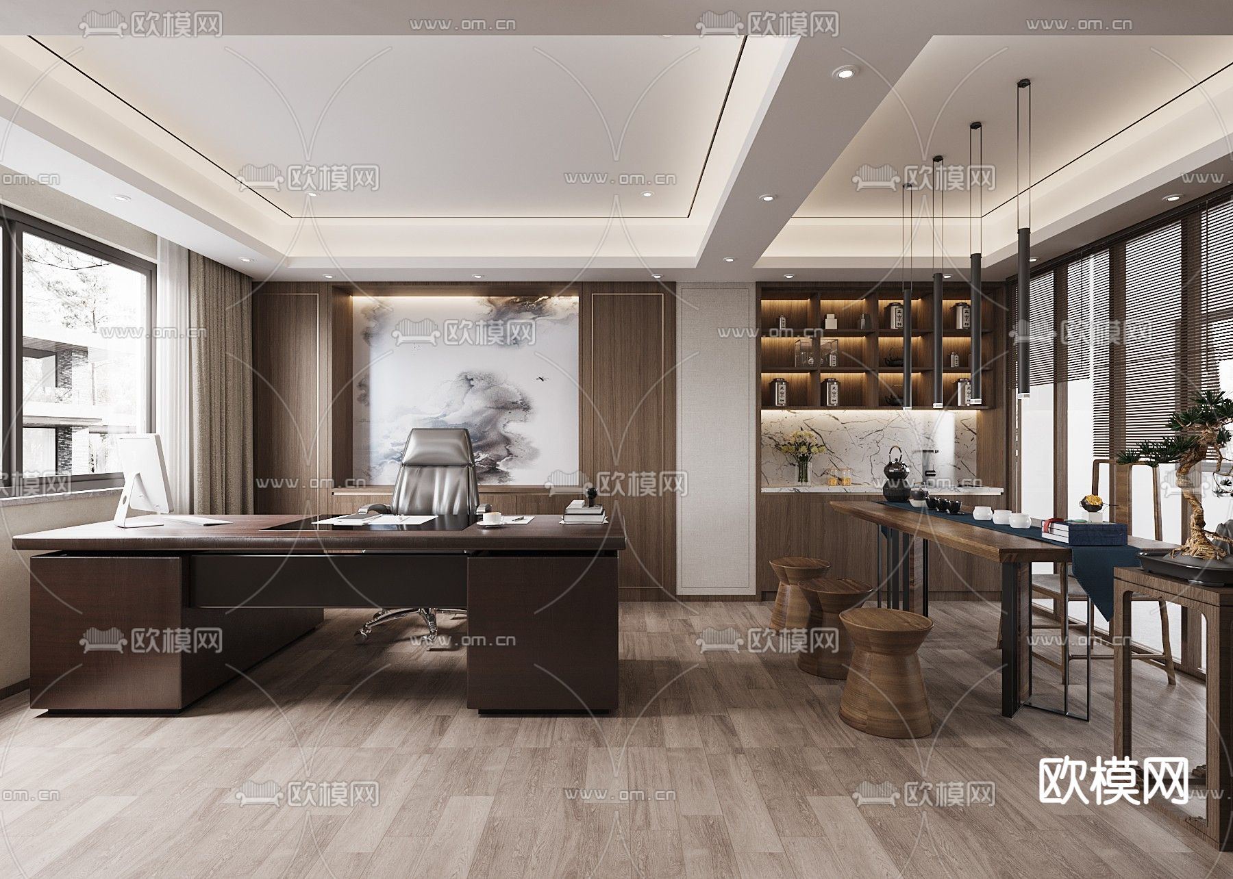 新中式经理办公室su模型下载（渲染图1）