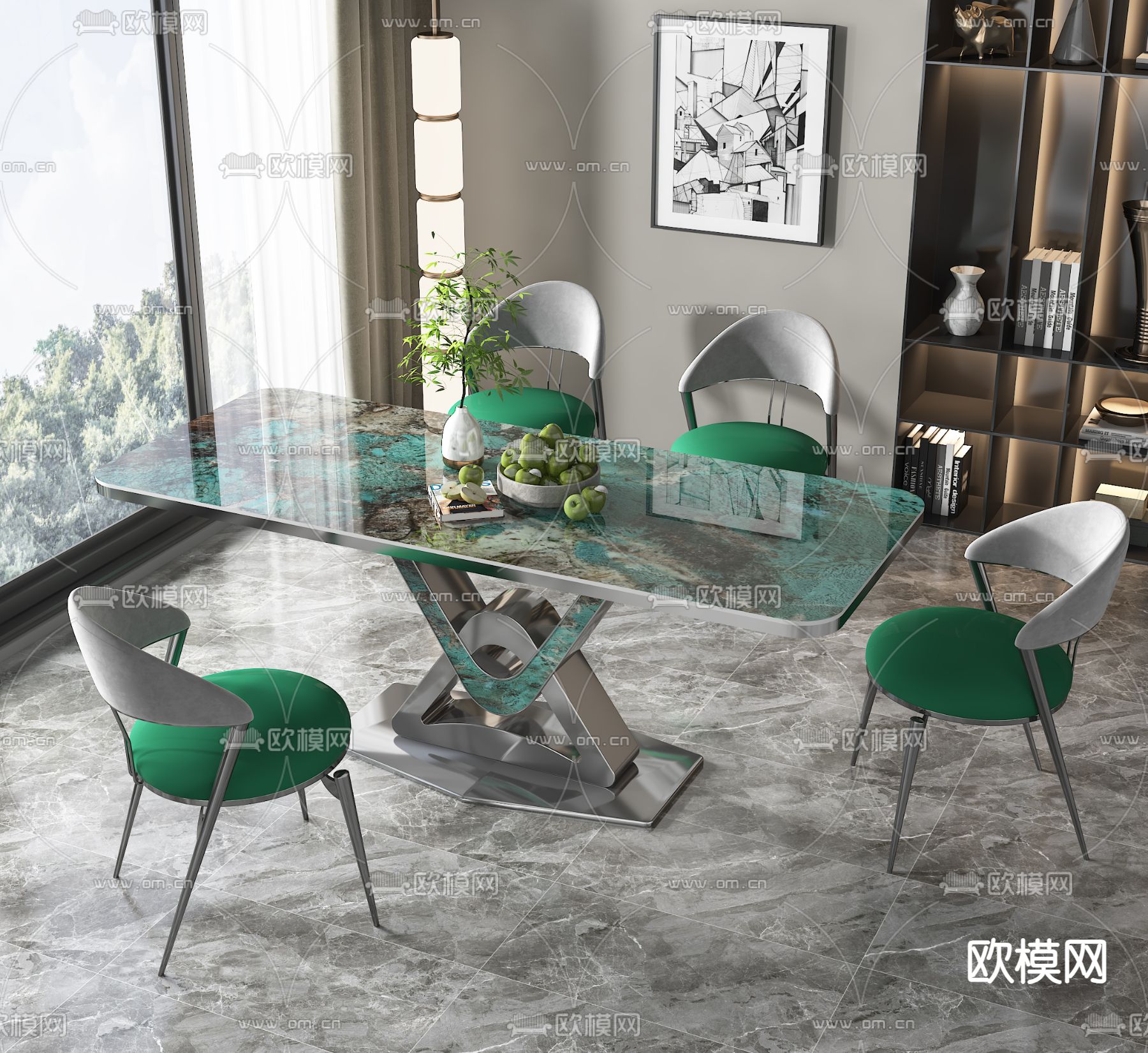 长条餐桌椅3d模型下载