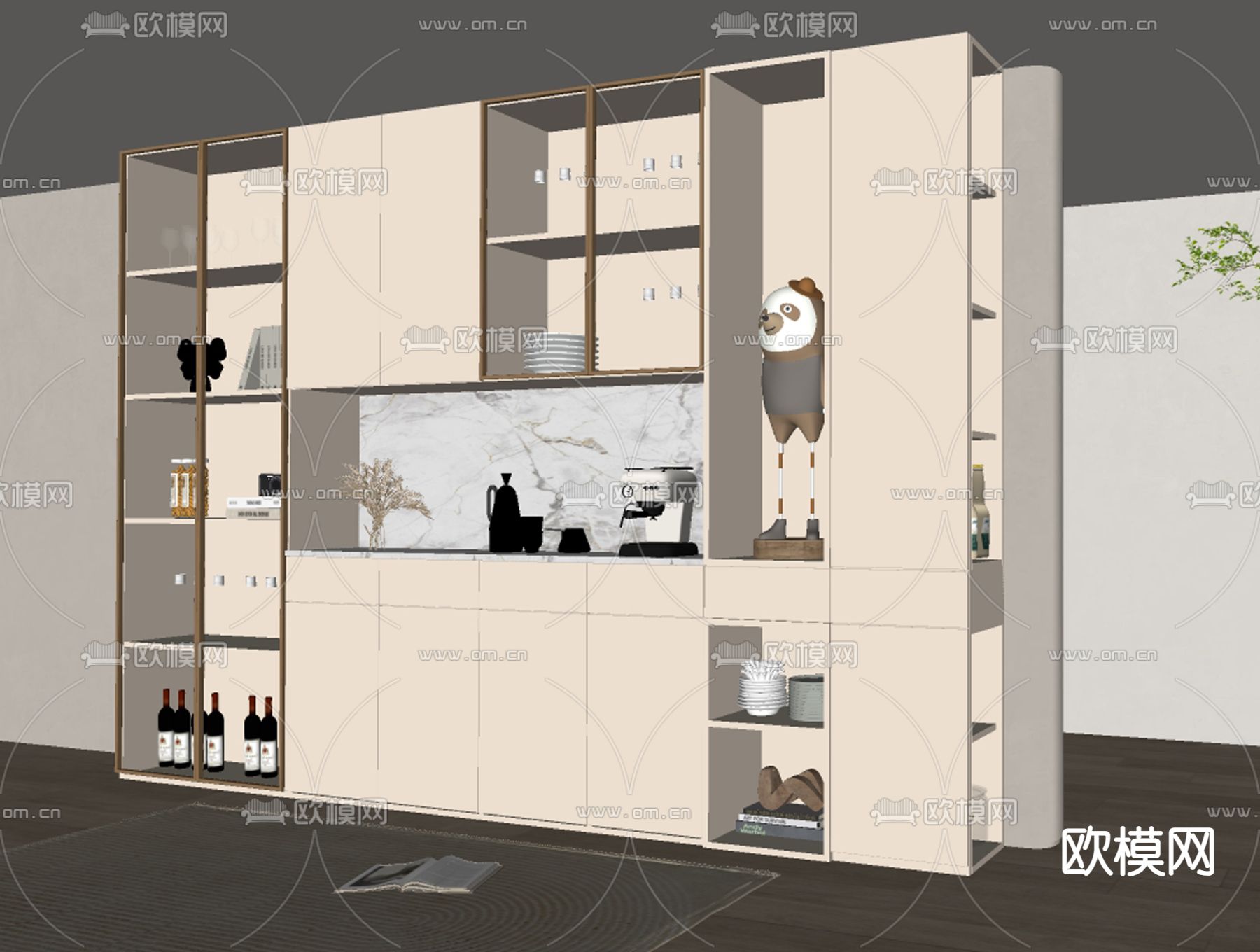 奶油风酒柜su模型下载（渲染图2）